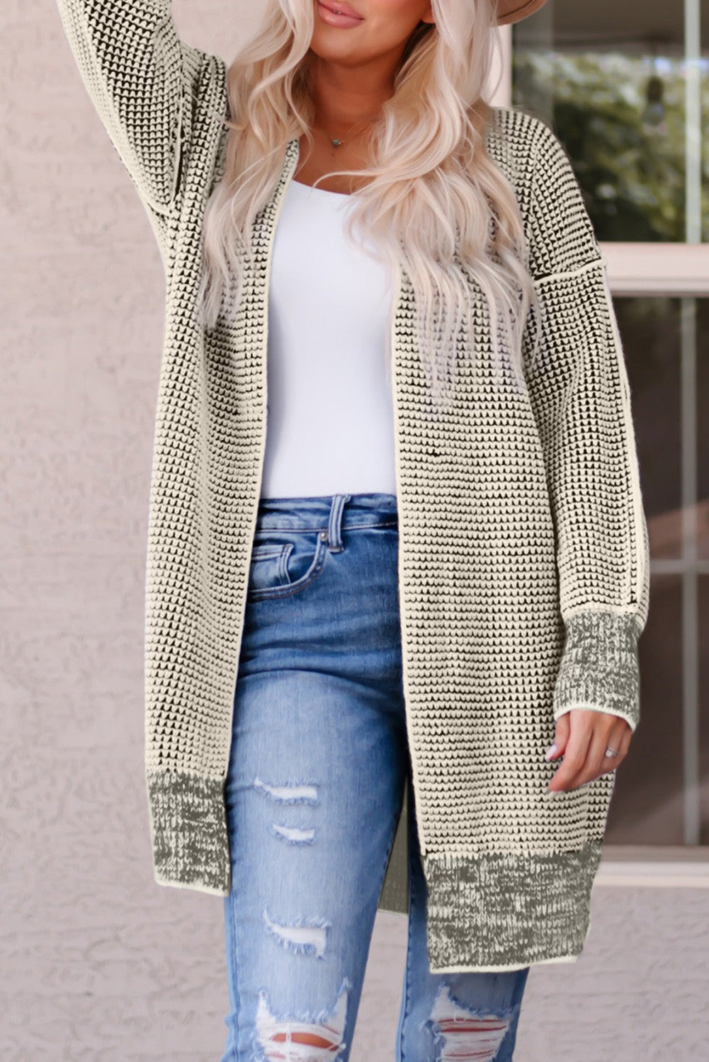 woven right heathered open front longline cardigan