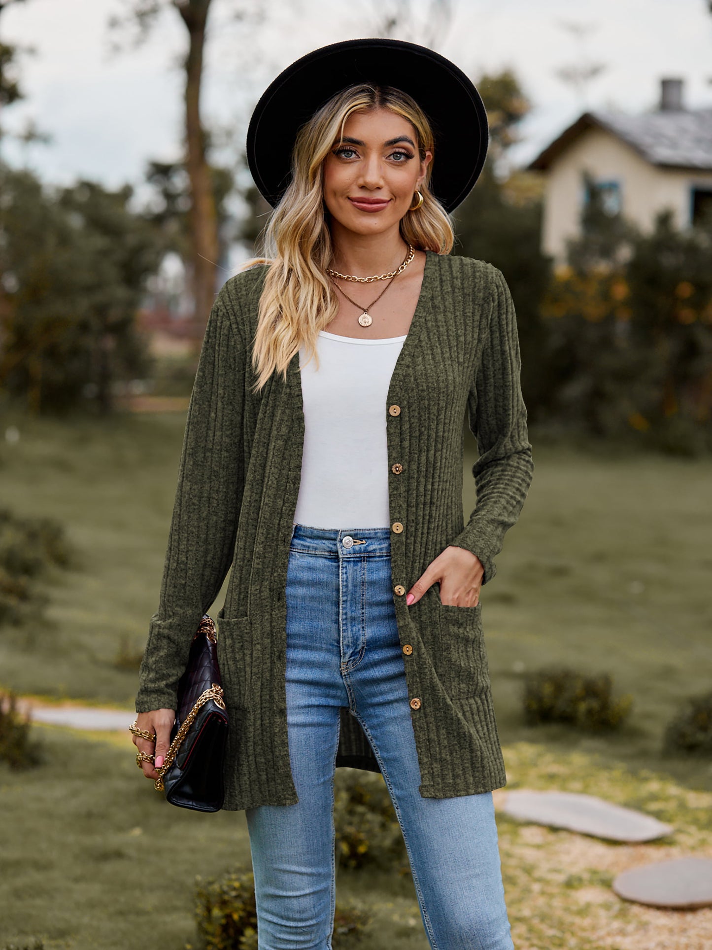 ribbed button-up cardigan with pockets