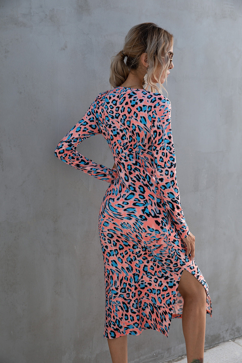 leopard twisted slit long sleeve dress