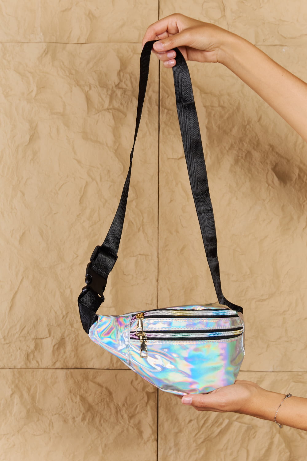 fame good vibrations holographic double zipper fanny pack in silver