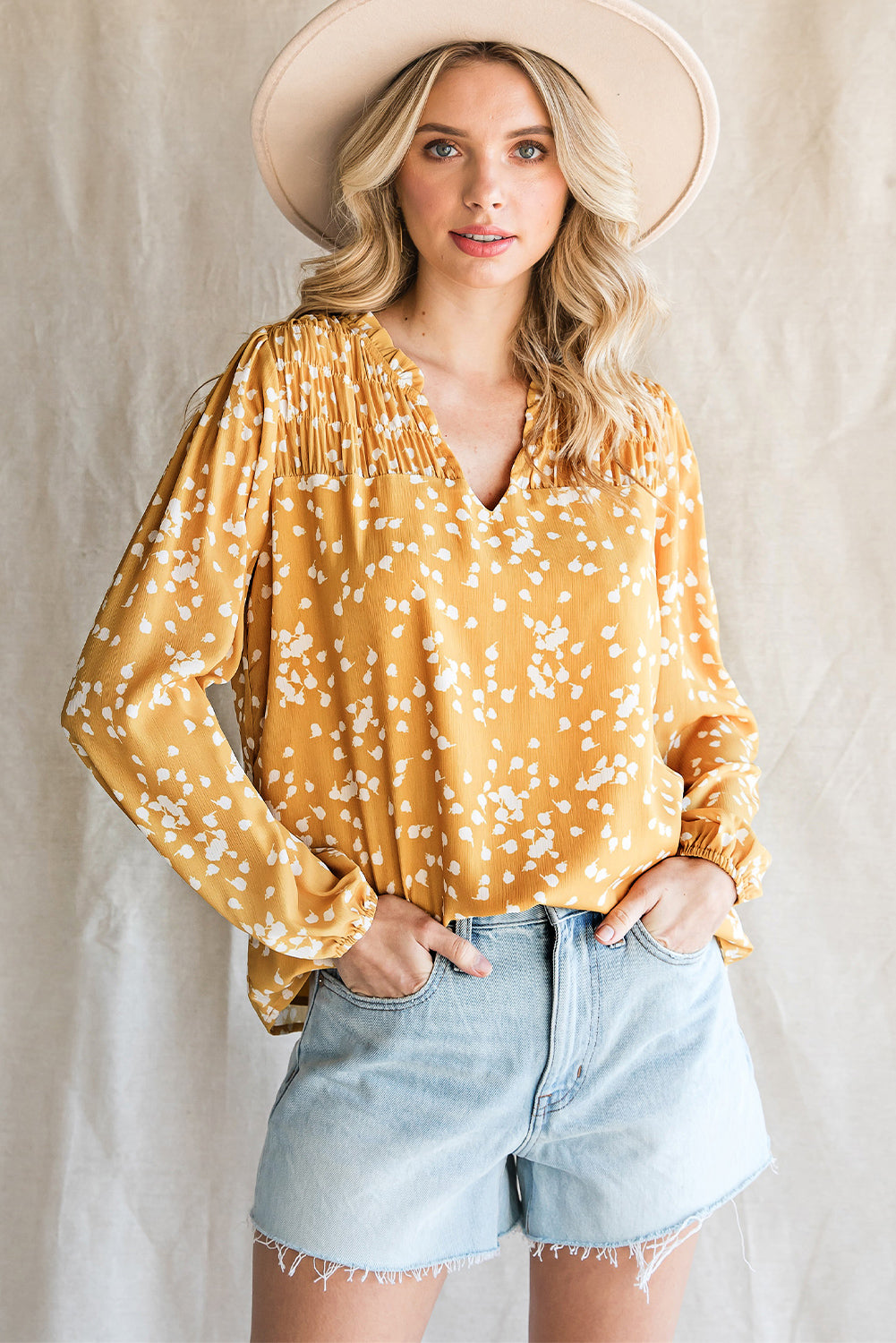 double take printed notched neck smocked blouse