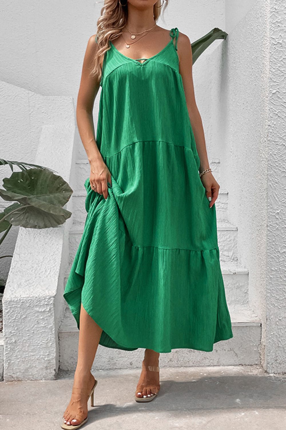 tie-shoulder tiered maxi dress