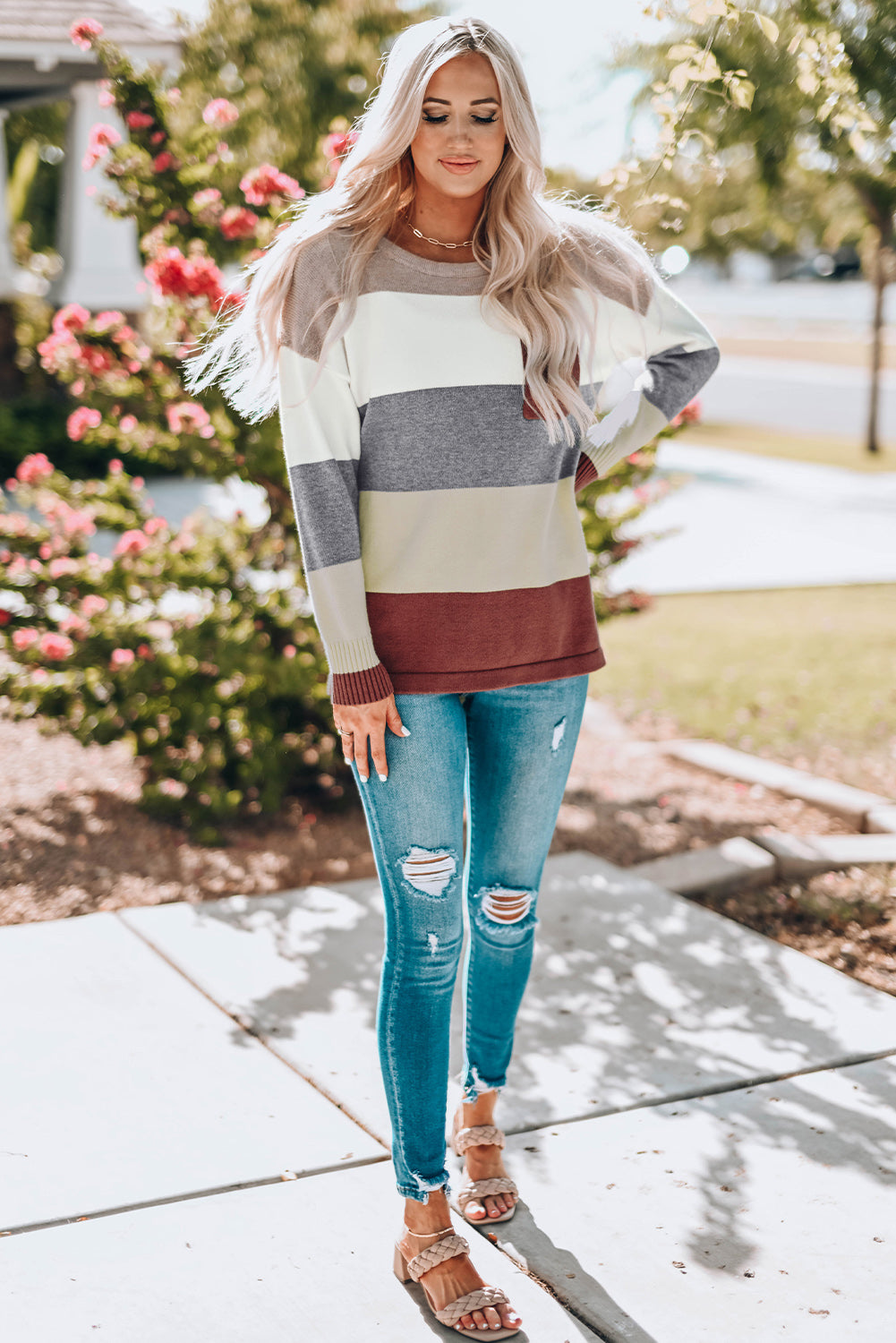 woven right color block drop shoulder round neck sweater