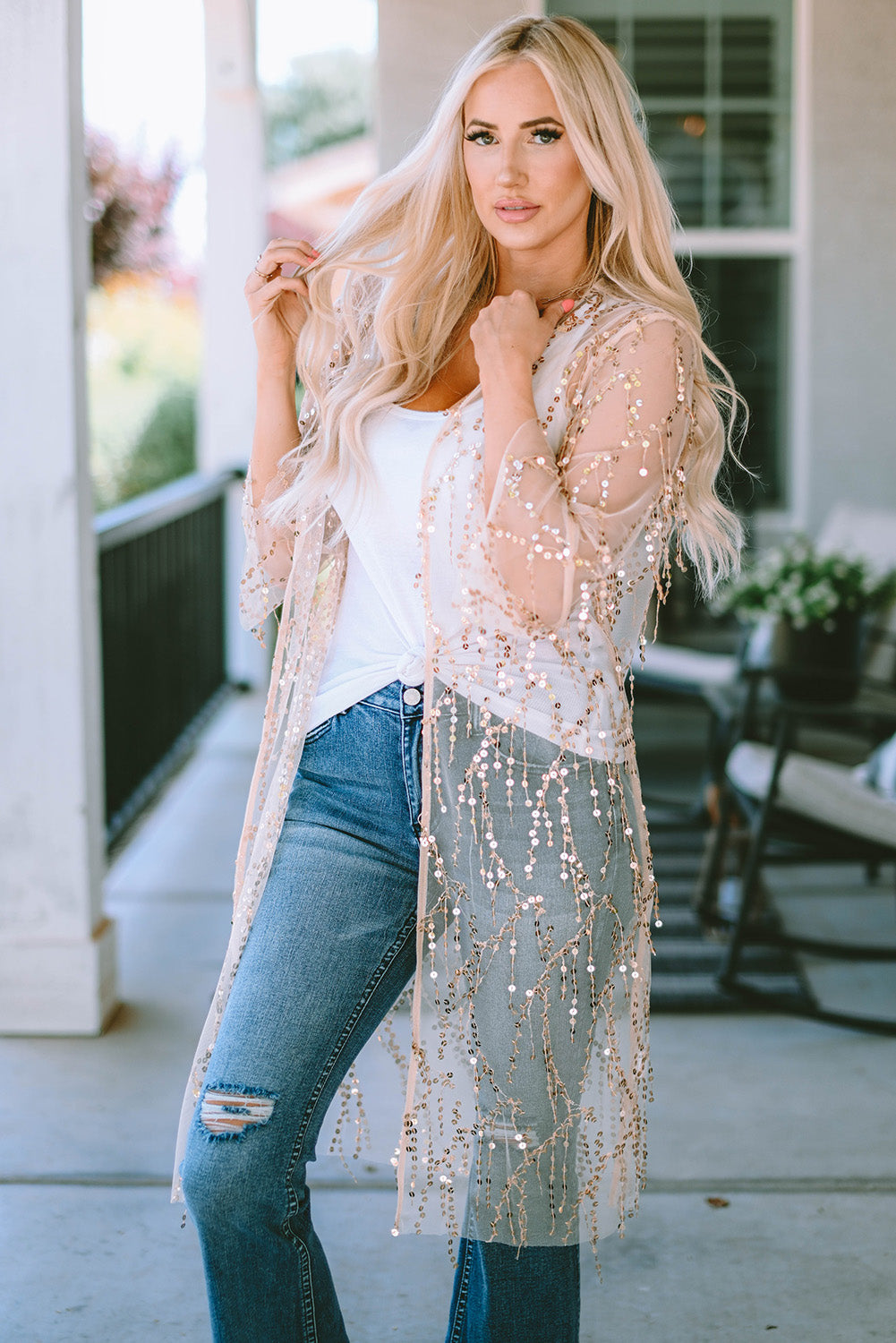 sequin open front sheer cardigan