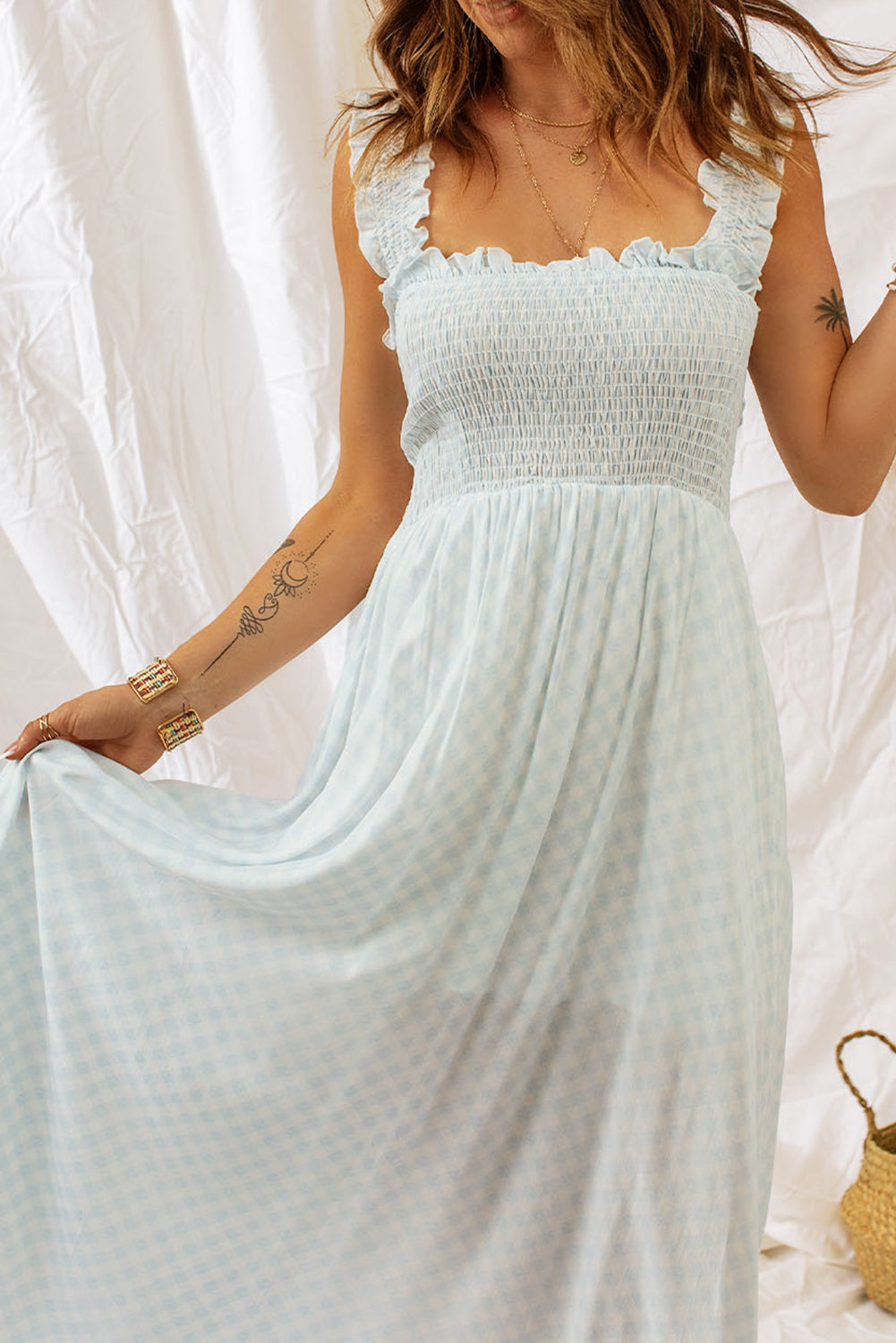 plaid ruffle strap smocked maxi dress