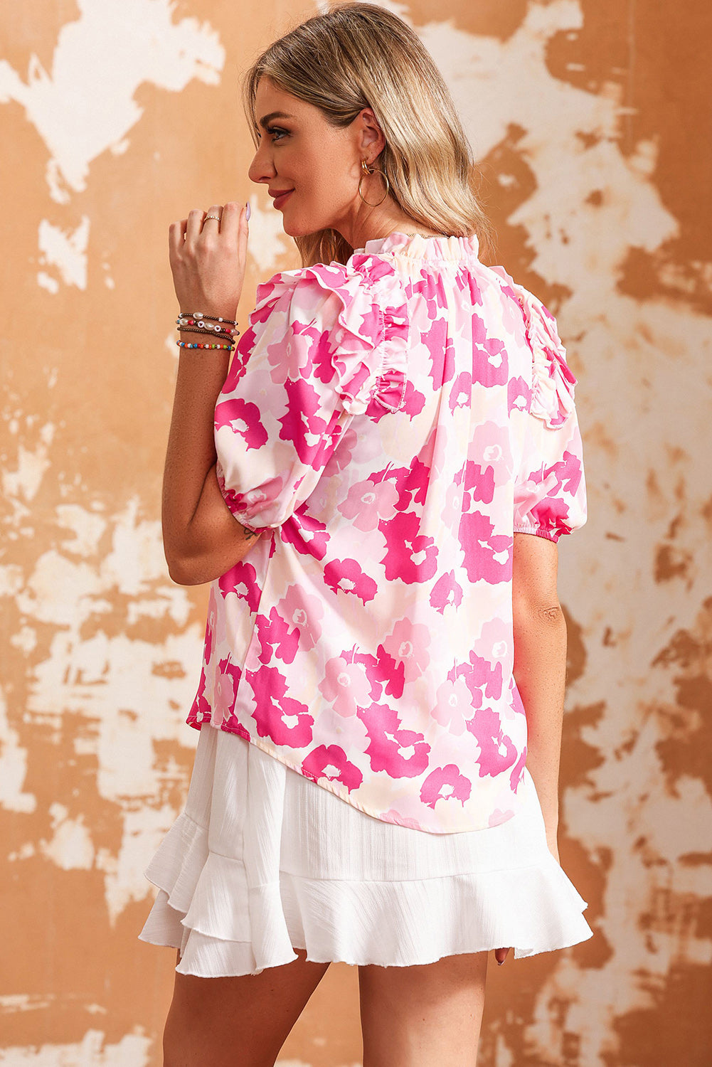 floral tie neck ruffle shoulder blouse
