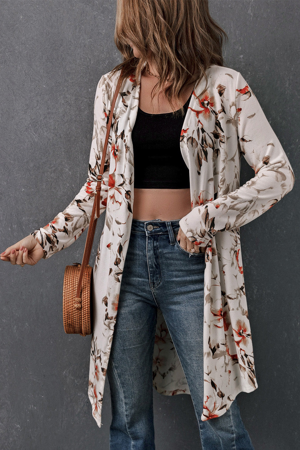 double take printed open front longline cardigan