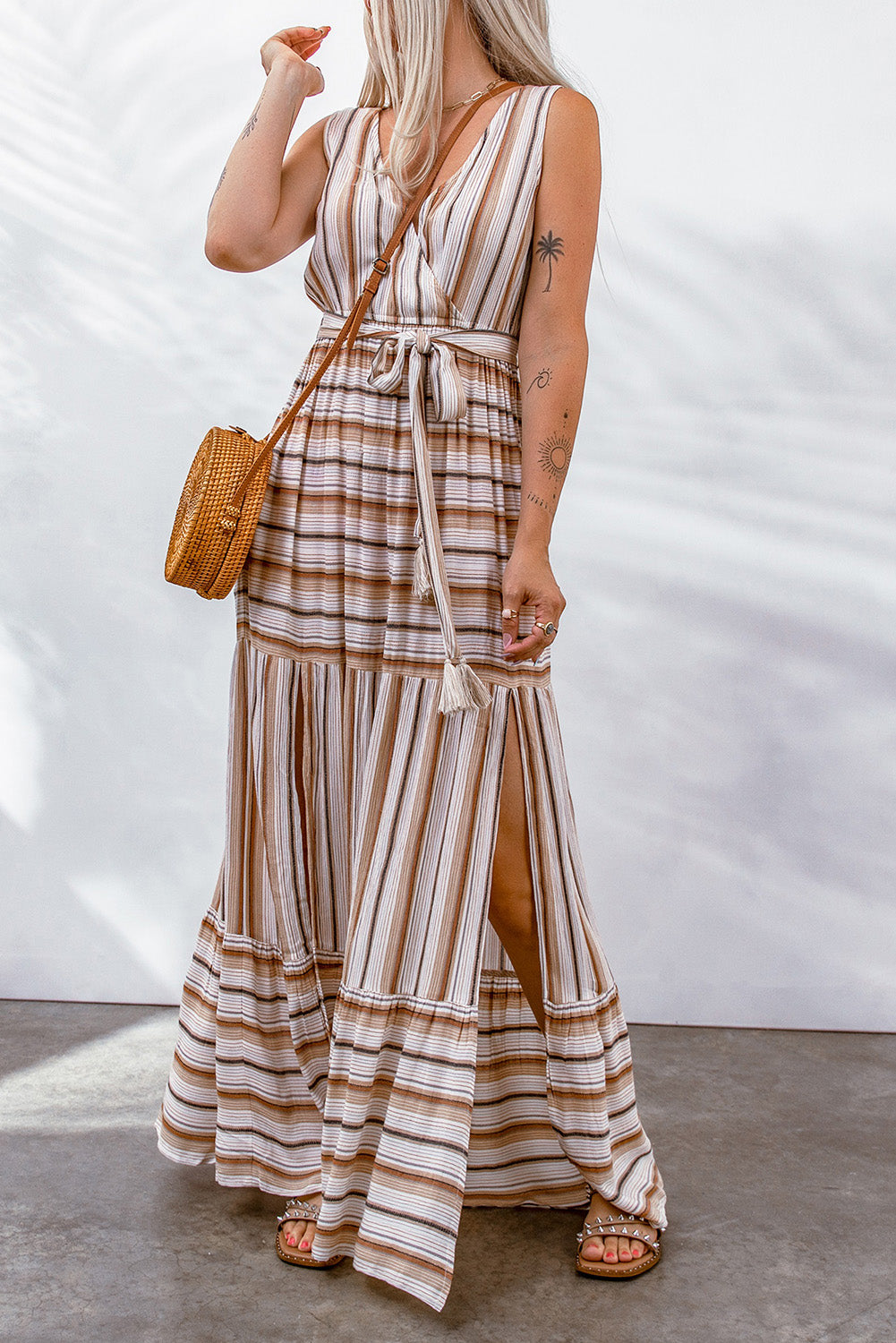 striped tie waist slit sleeveless dress