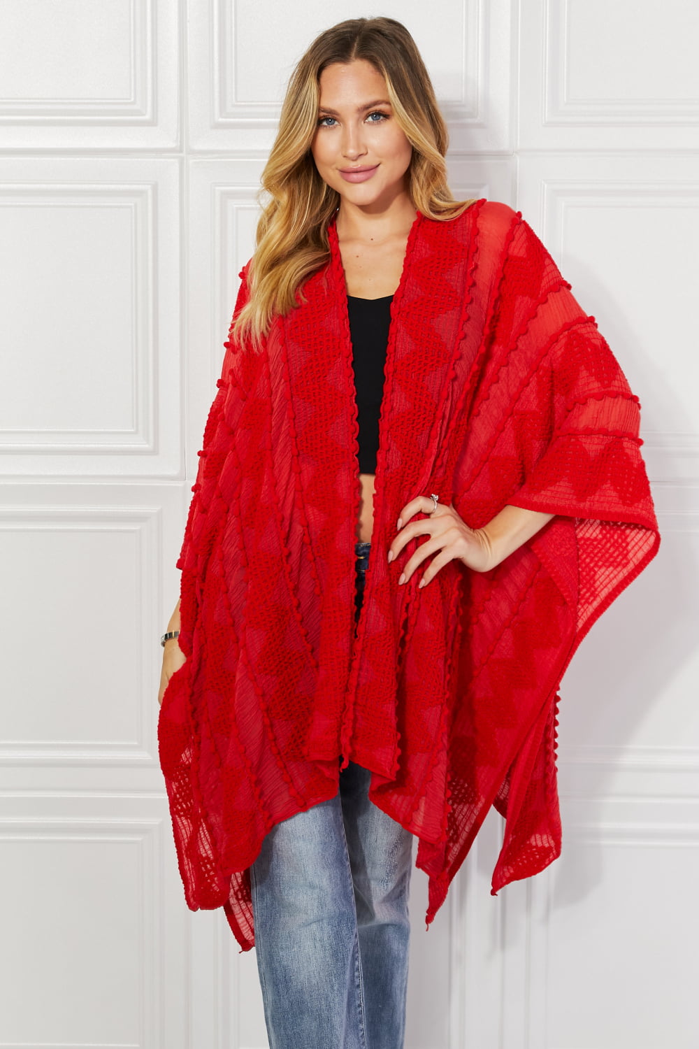 justin taylor pom-pom asymmetrical poncho cardigan in red