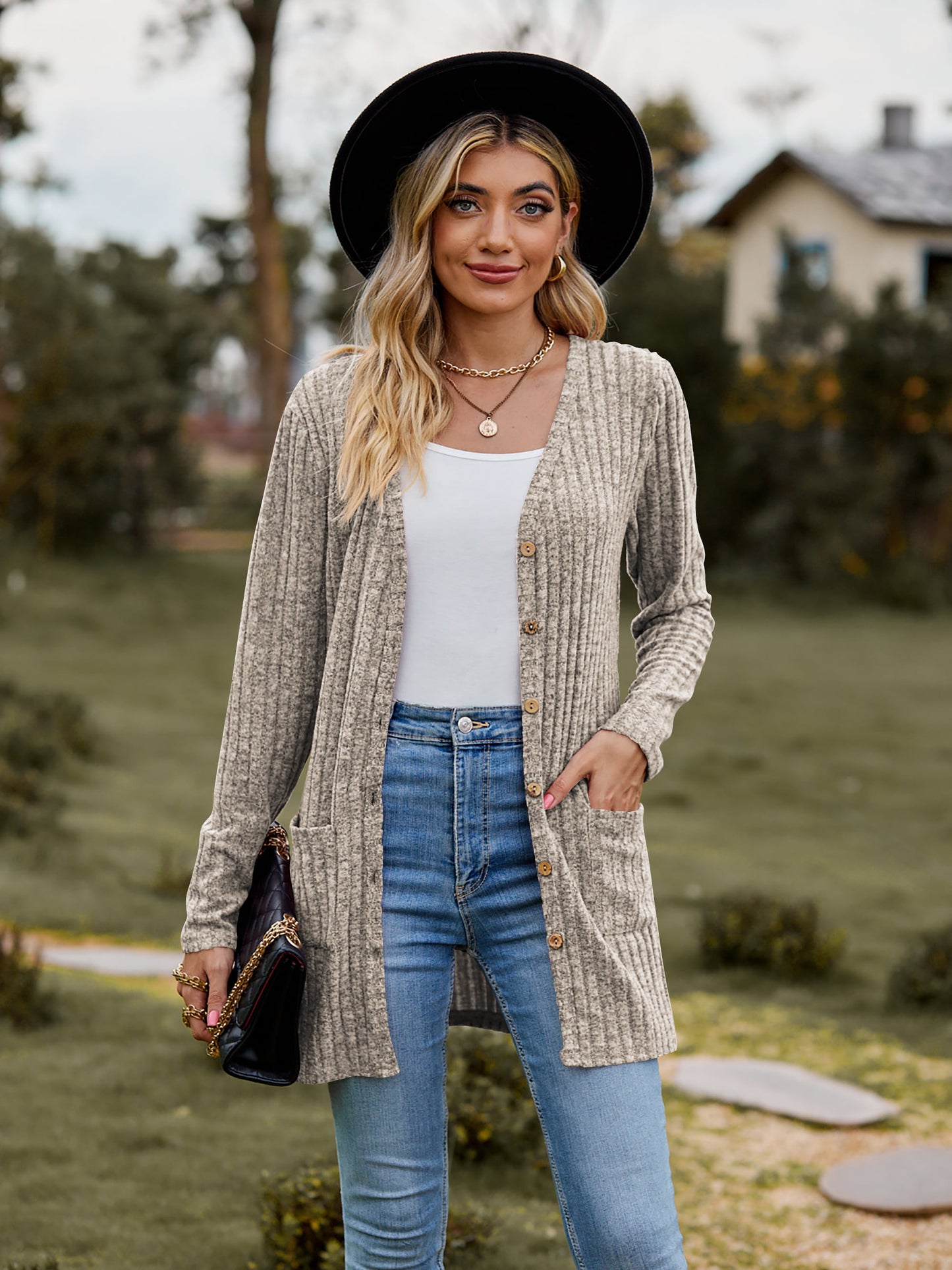 ribbed button-up cardigan with pockets