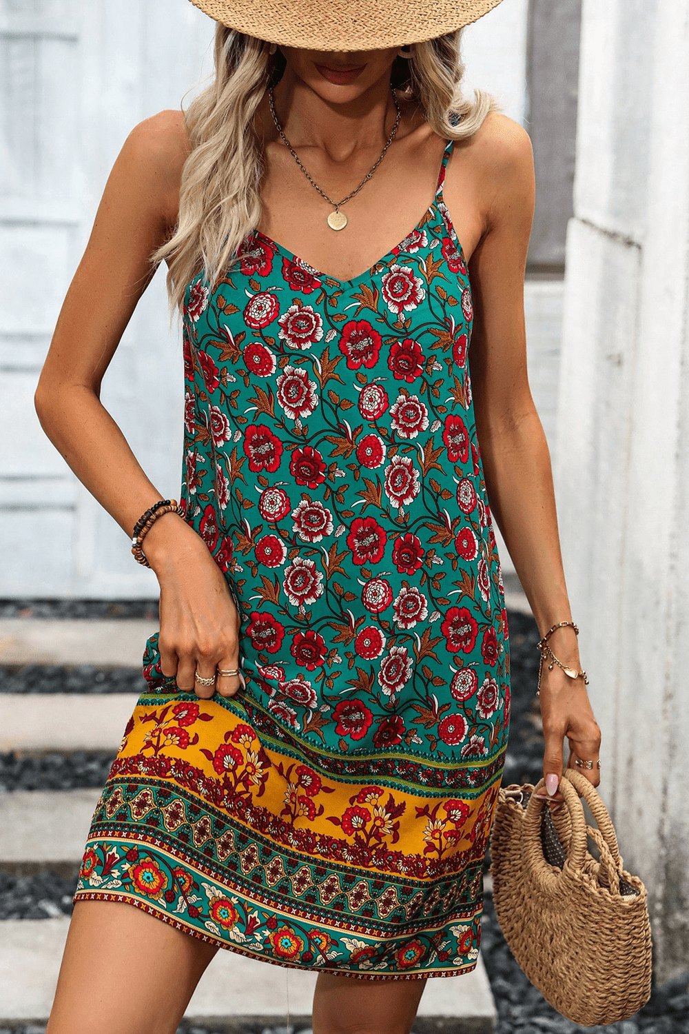 printed spaghetti strap v-neck dress
