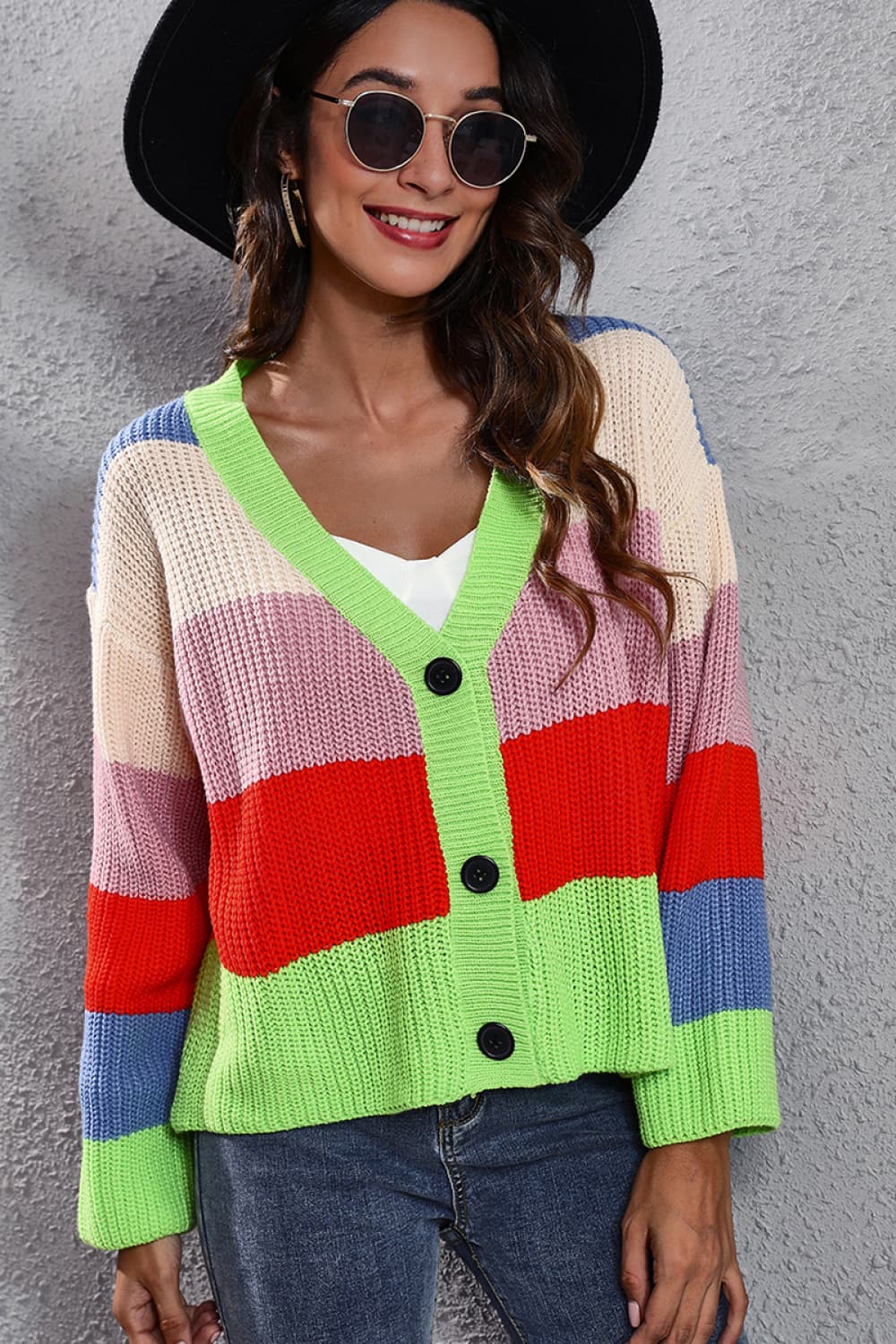 color block button-down dropped shoulder cardigan