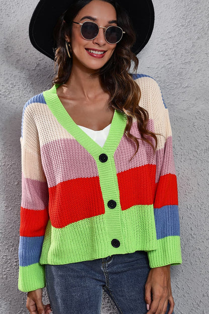 Color Block Button-Down Dropped Shoulder Cardigan