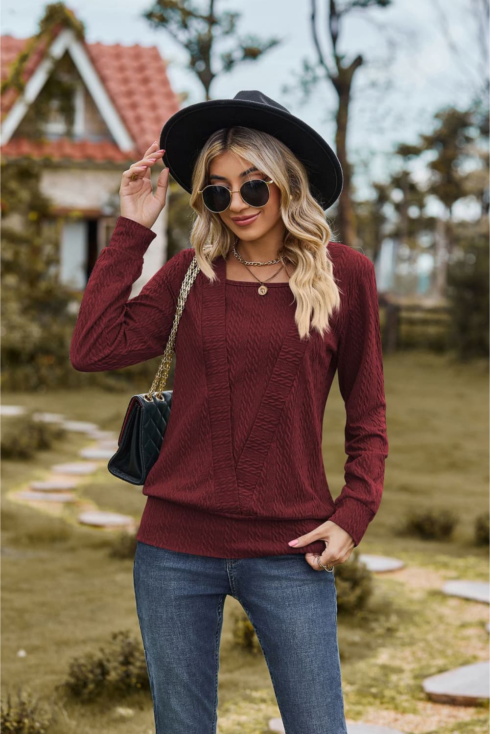 square neck long sleeve blouse