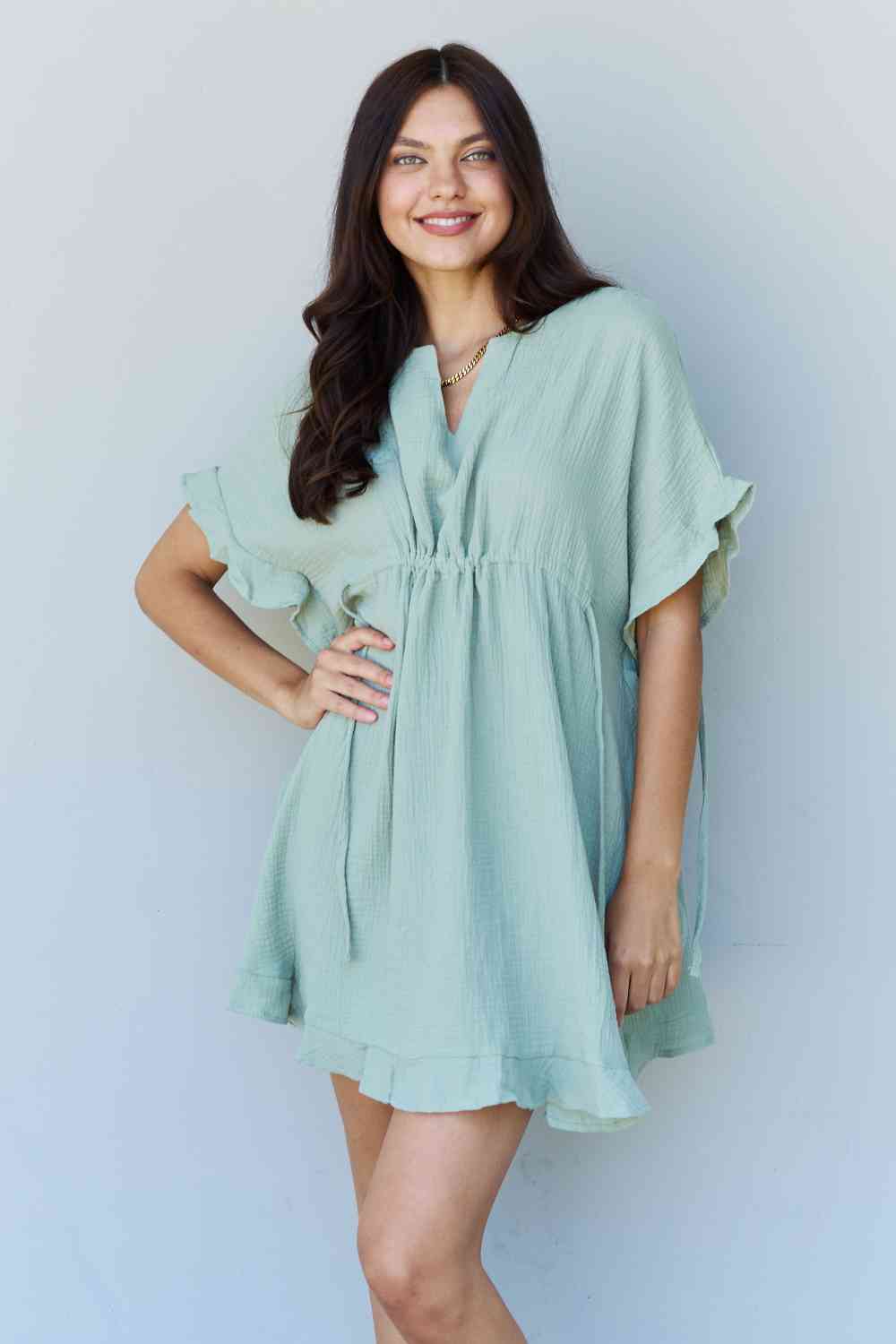 ninexis out of time full size ruffle hem dress with drawstring waistband in light sage