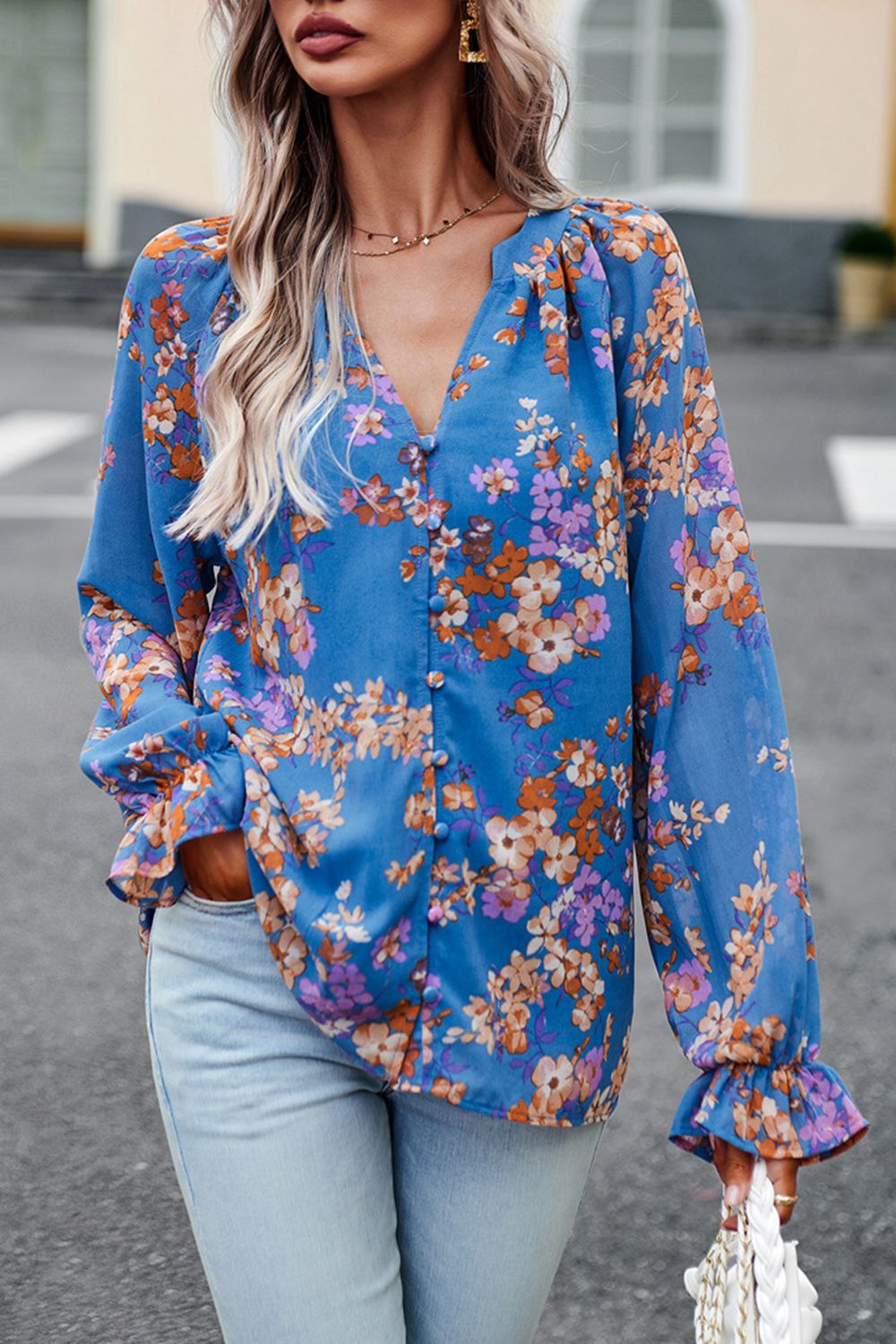floral print flounce sleeve blouse