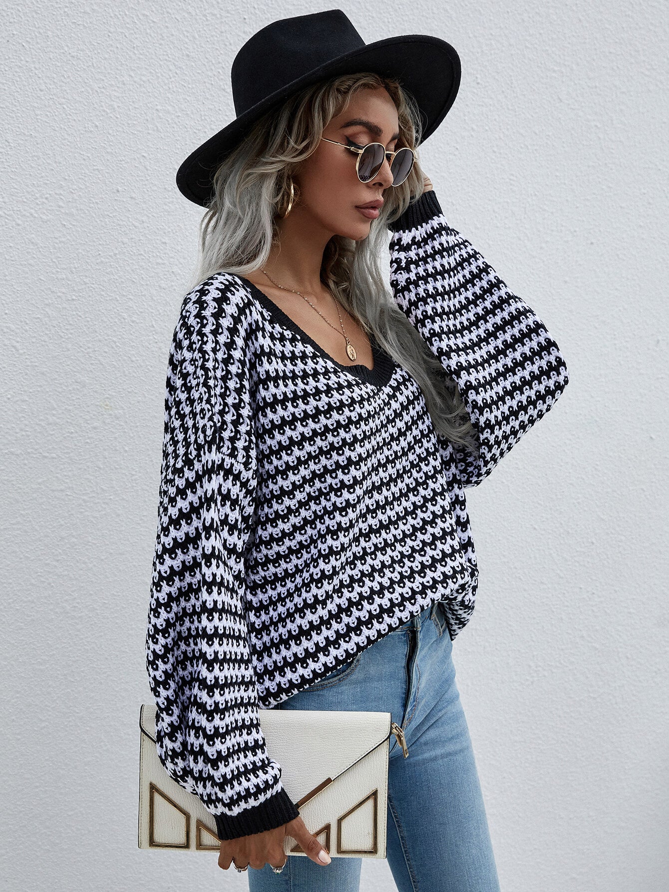 striped drop shoulder v-neck pullover sweater