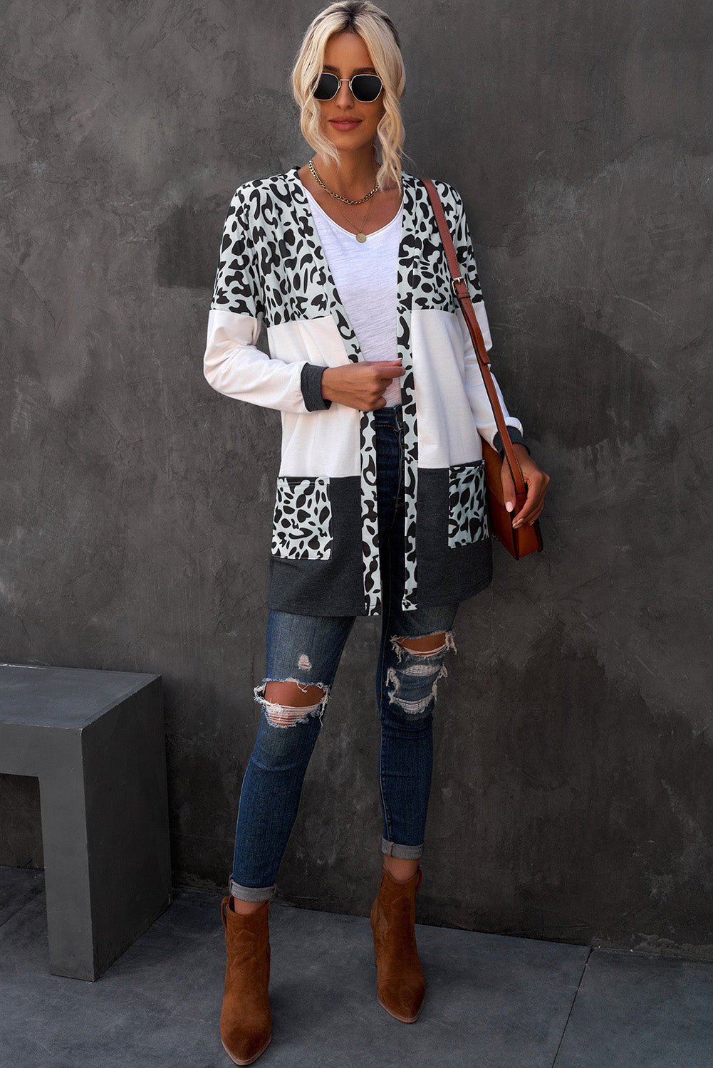 leopard print color block longline cardigan