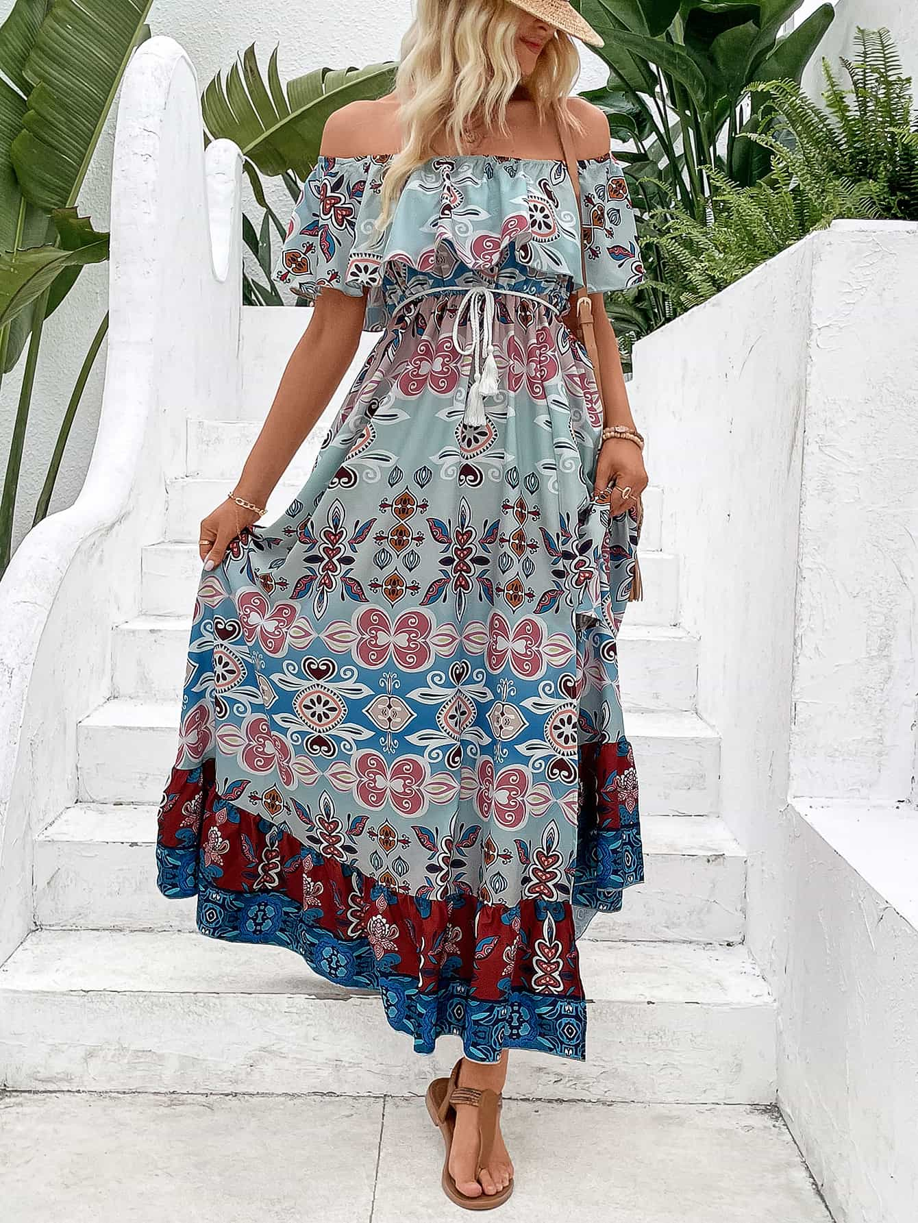 printed off-shoulder slit maxi dress