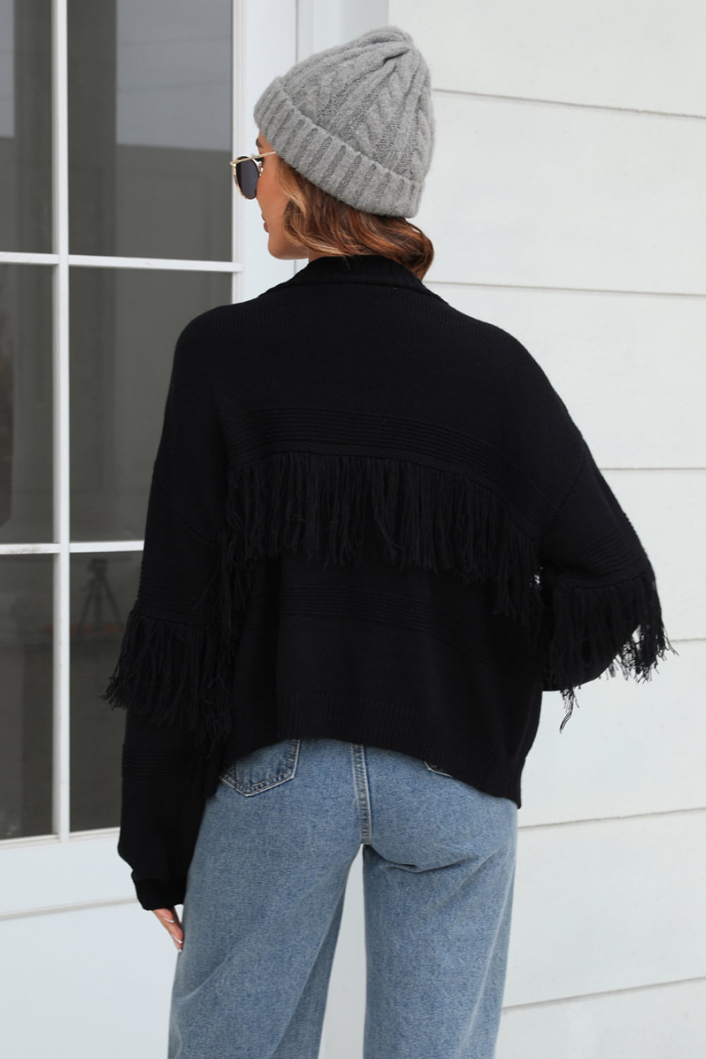 double take fringe trim open front cardigan