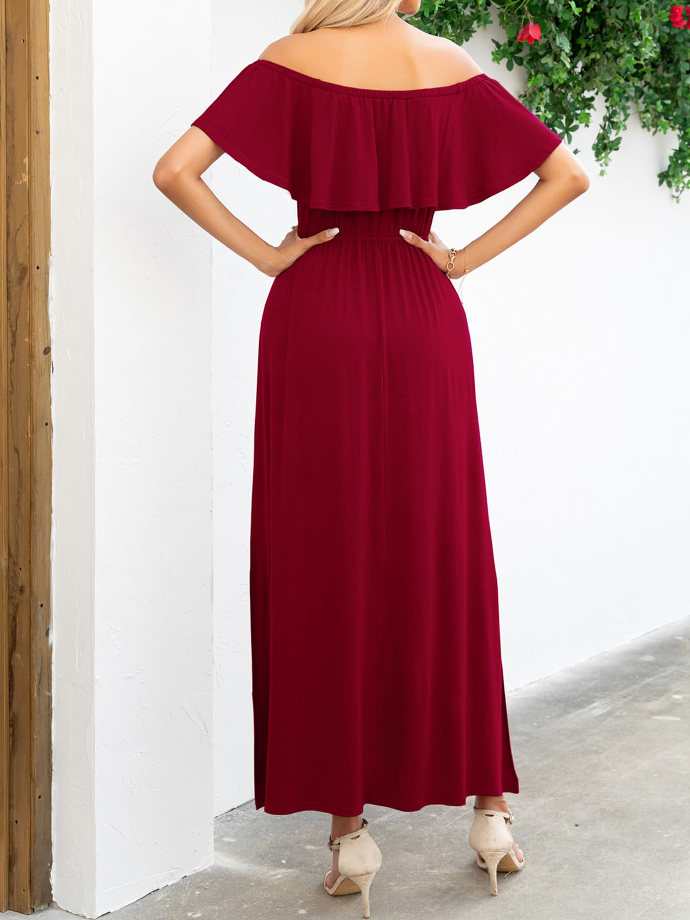 off-shoulder slit maxi dress