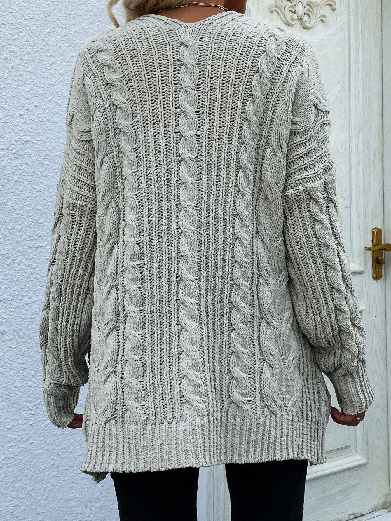 woven right cable-knit open front cardigan with front pockets