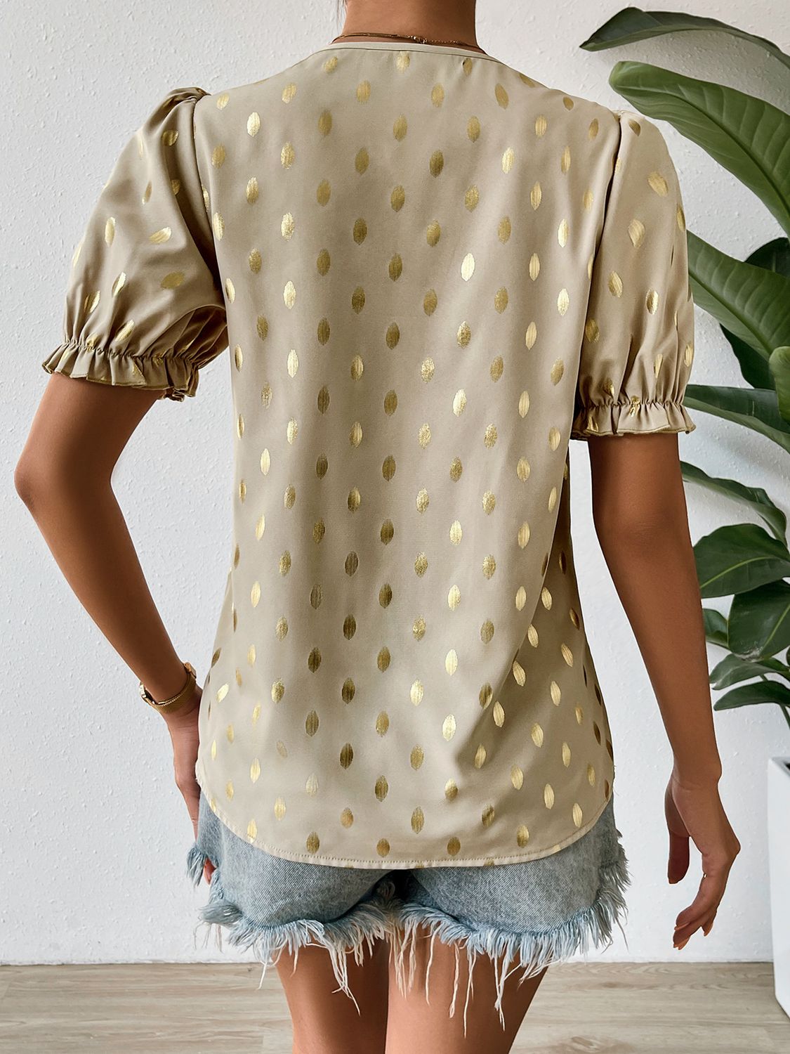 printed frill trim v-neck blouse