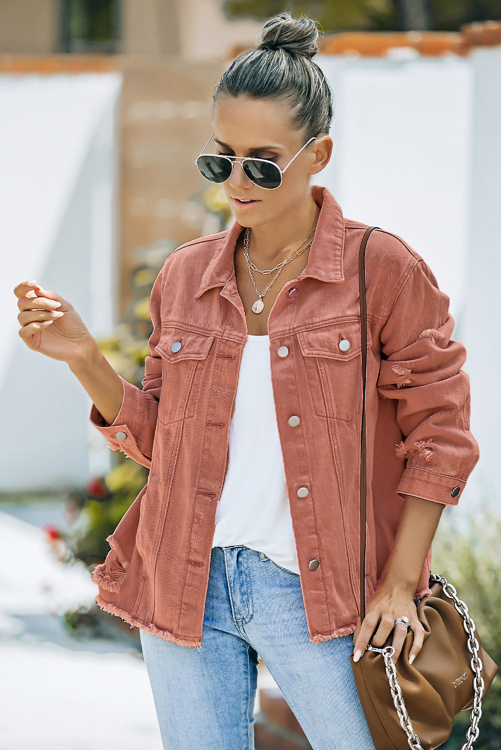 distressed raw hem denim jacket