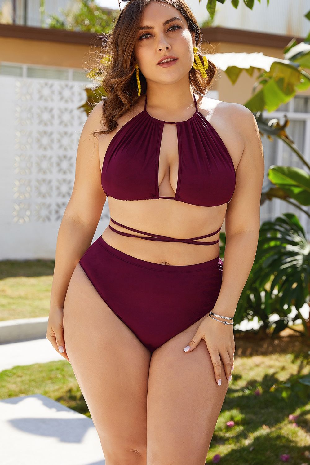 plus size cutout tied backless bikini set