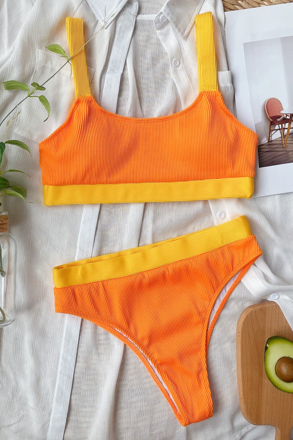 color block scoop neck bikini set