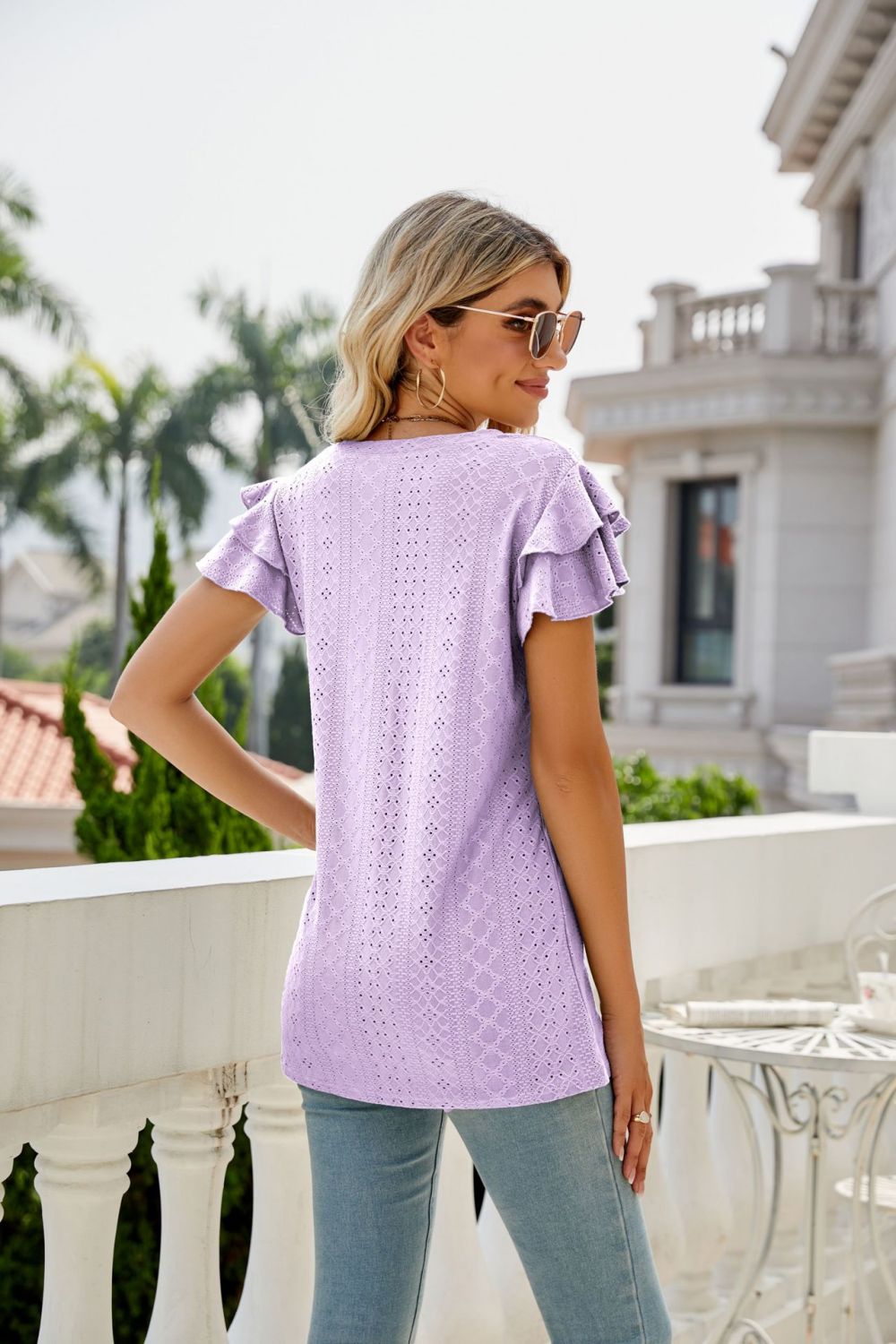 eyelet layered flutter sleeve v-neck top