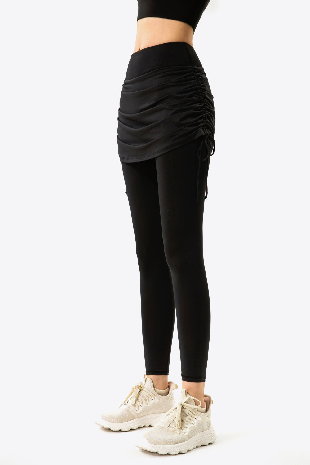 drawstring ruched faux layered yoga leggings