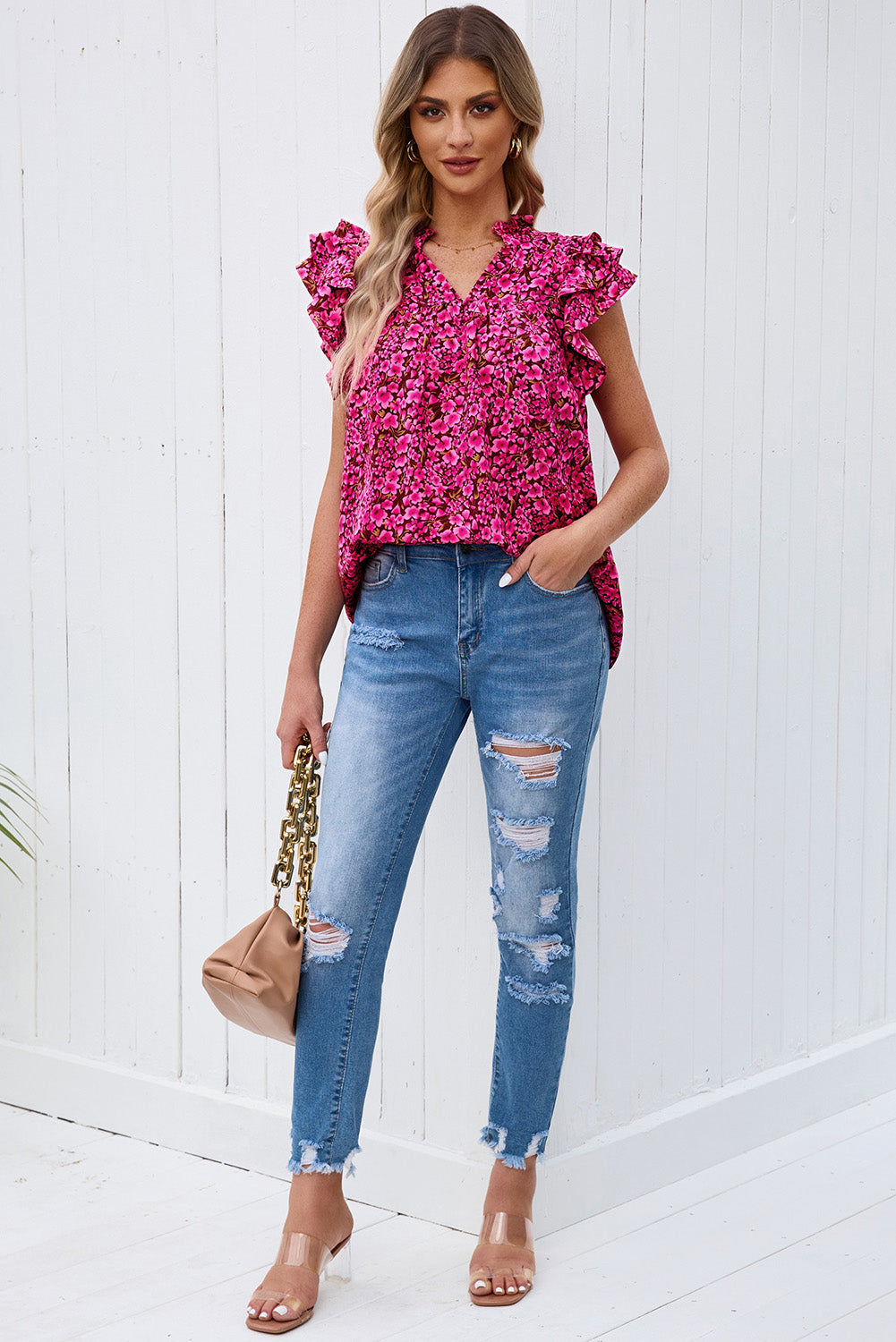 floral flutter sleeve notched neck blouse