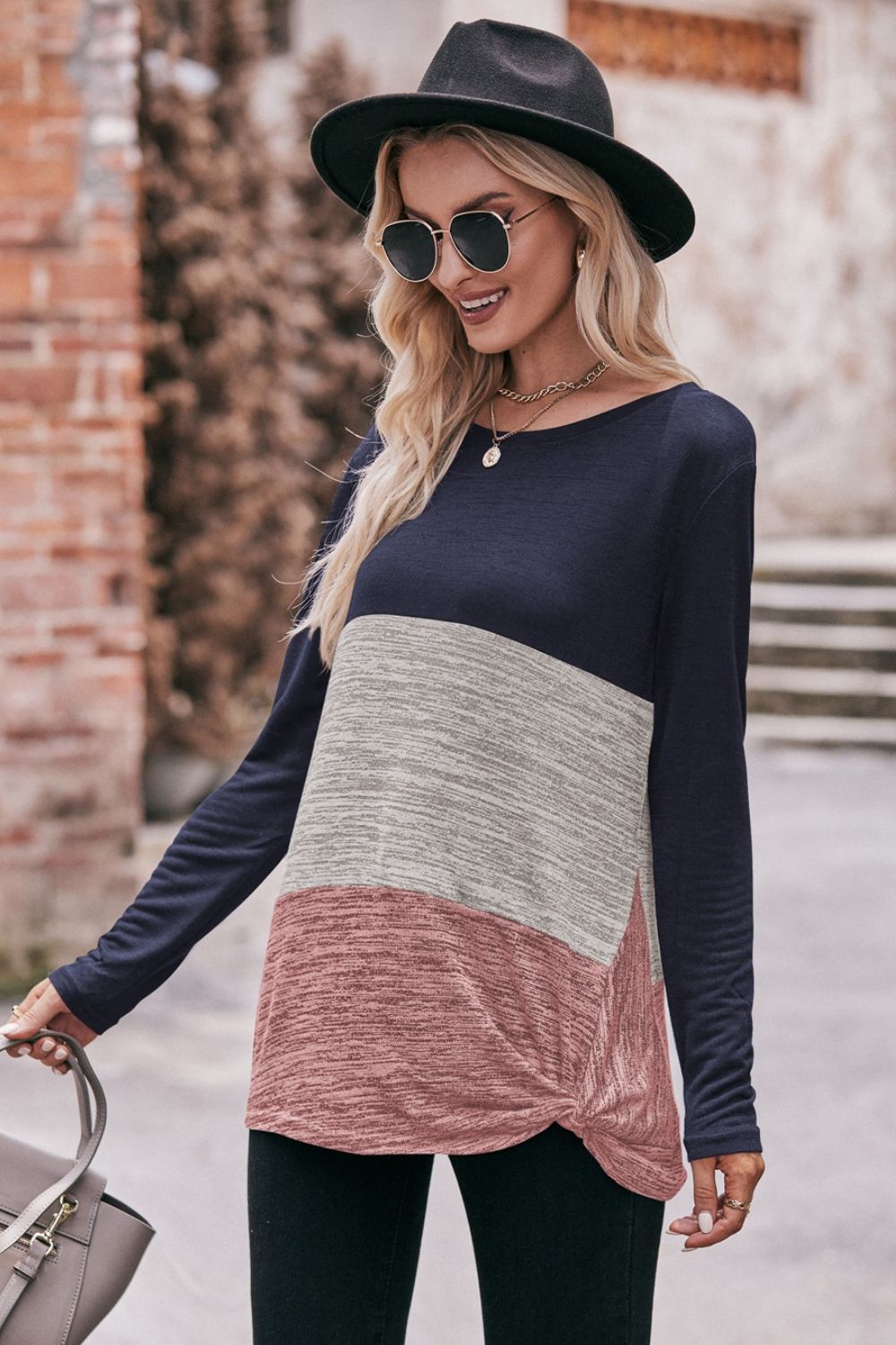 color block twisted detail long sleeve top