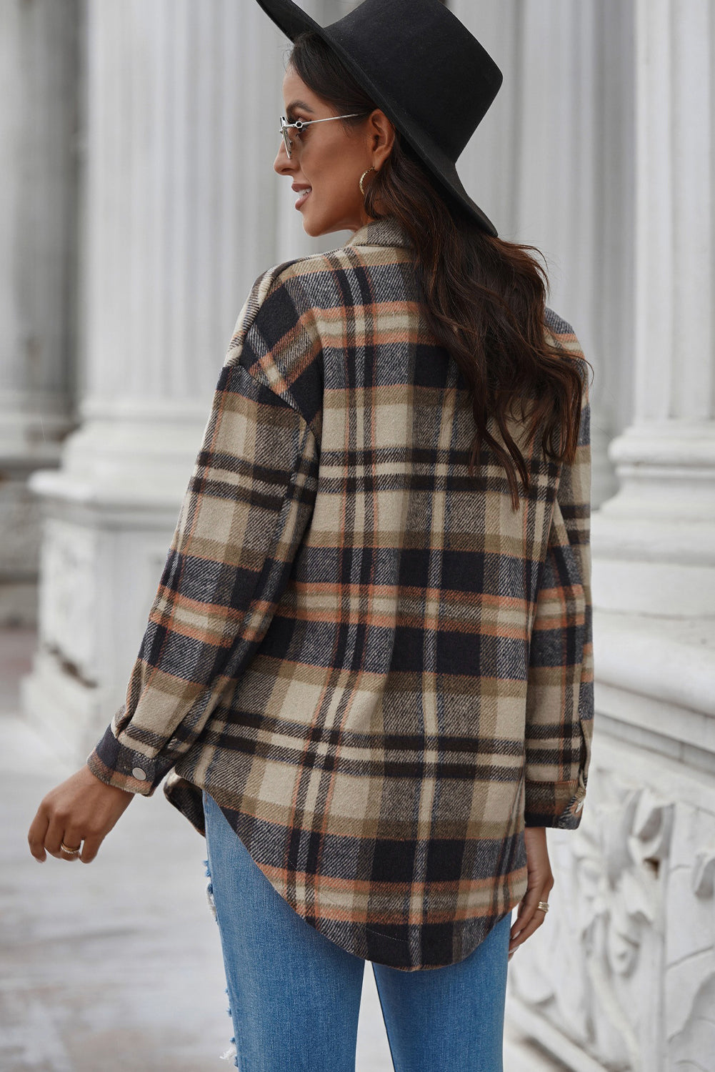 plaid curved hem dropped shoulder longline shirt jacket