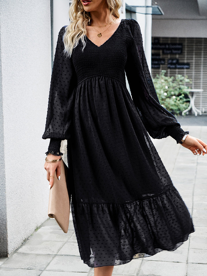 swiss dot v-neck flounce sleeve midi dress