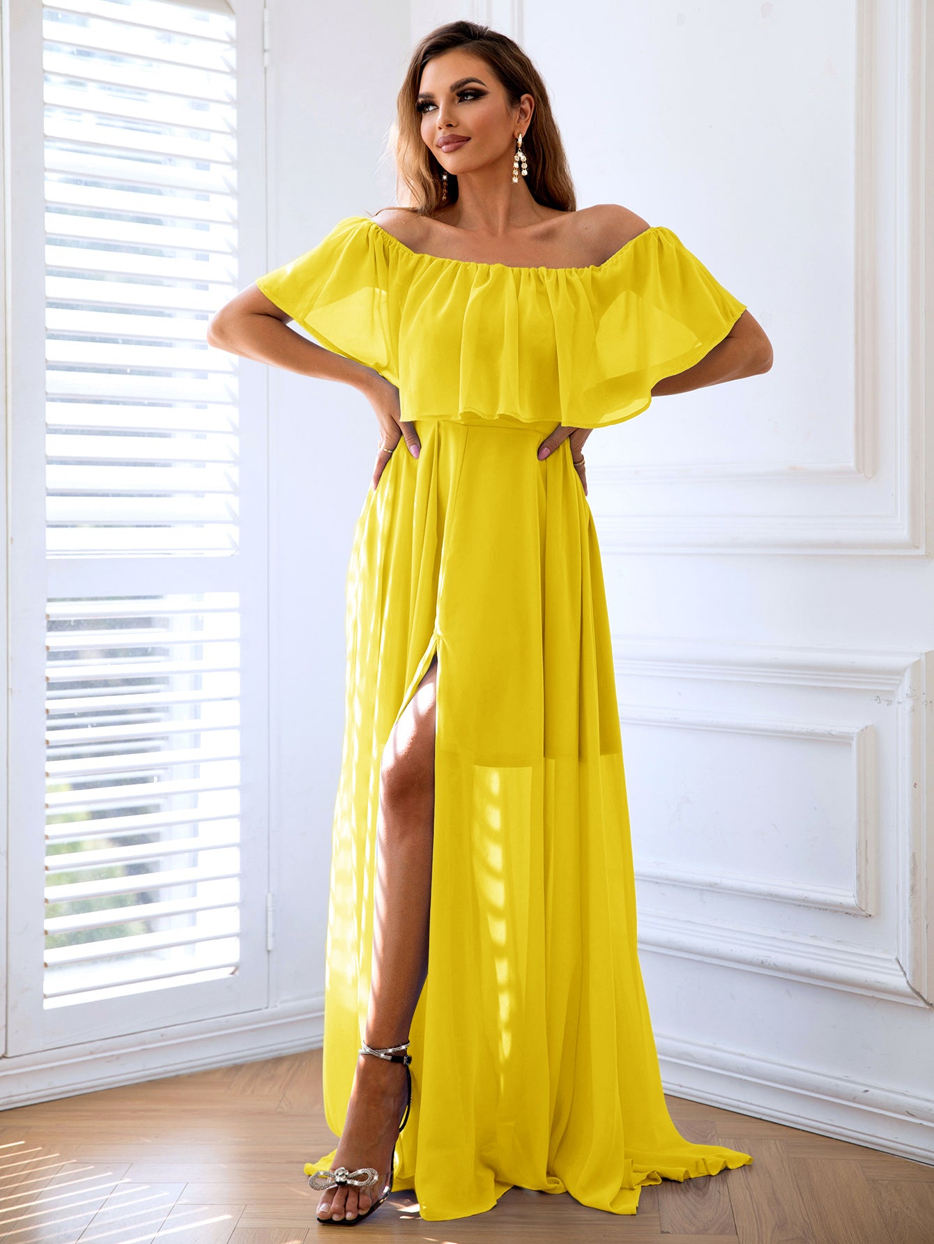 off-shoulder layered split maxi dress