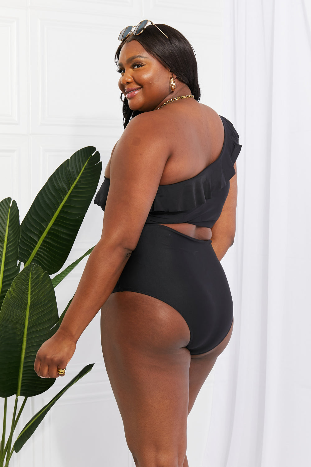 marina west swim seaside romance ruffle one-shoulder bikini in black