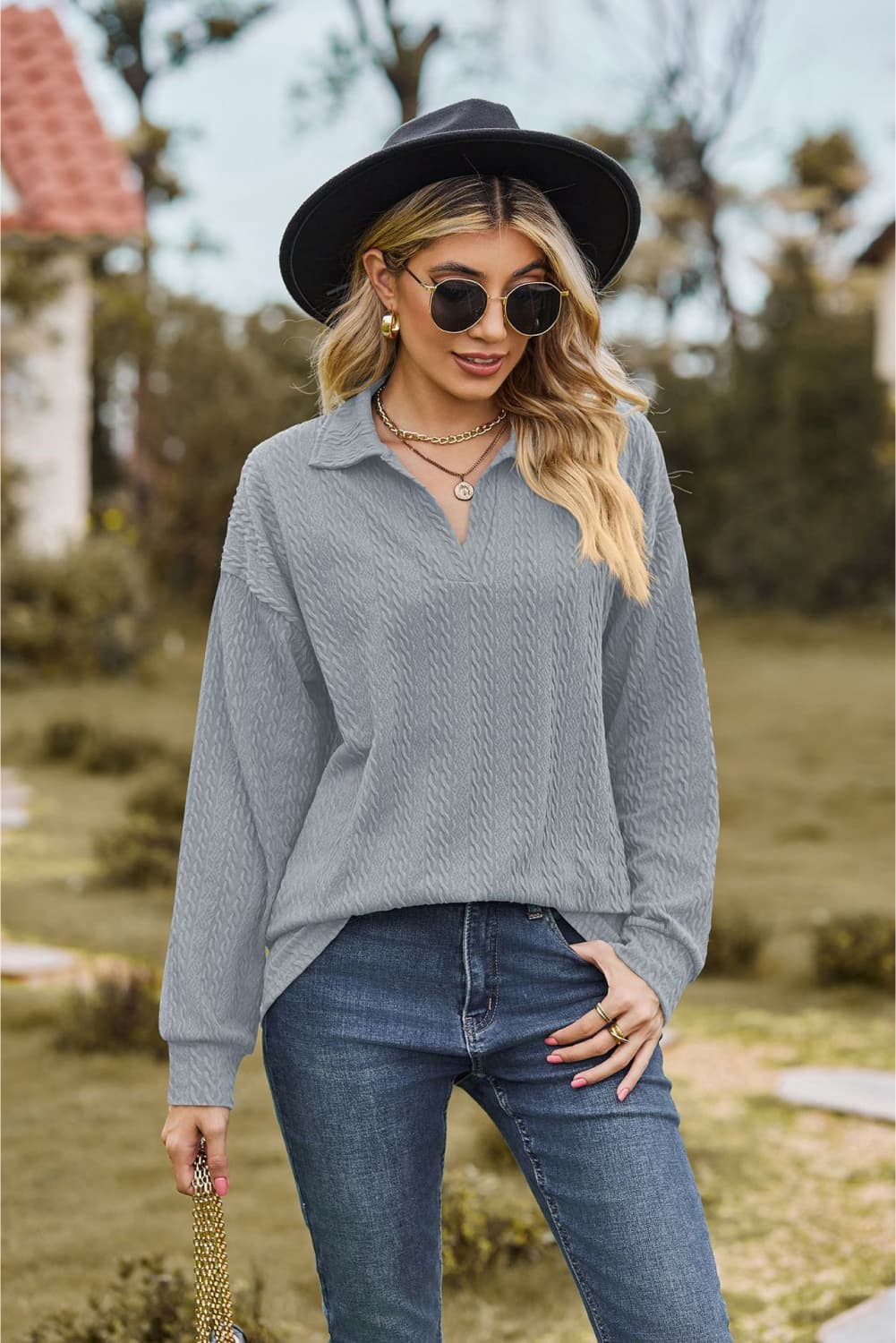 collared neck cable-knit long sleeve blouse