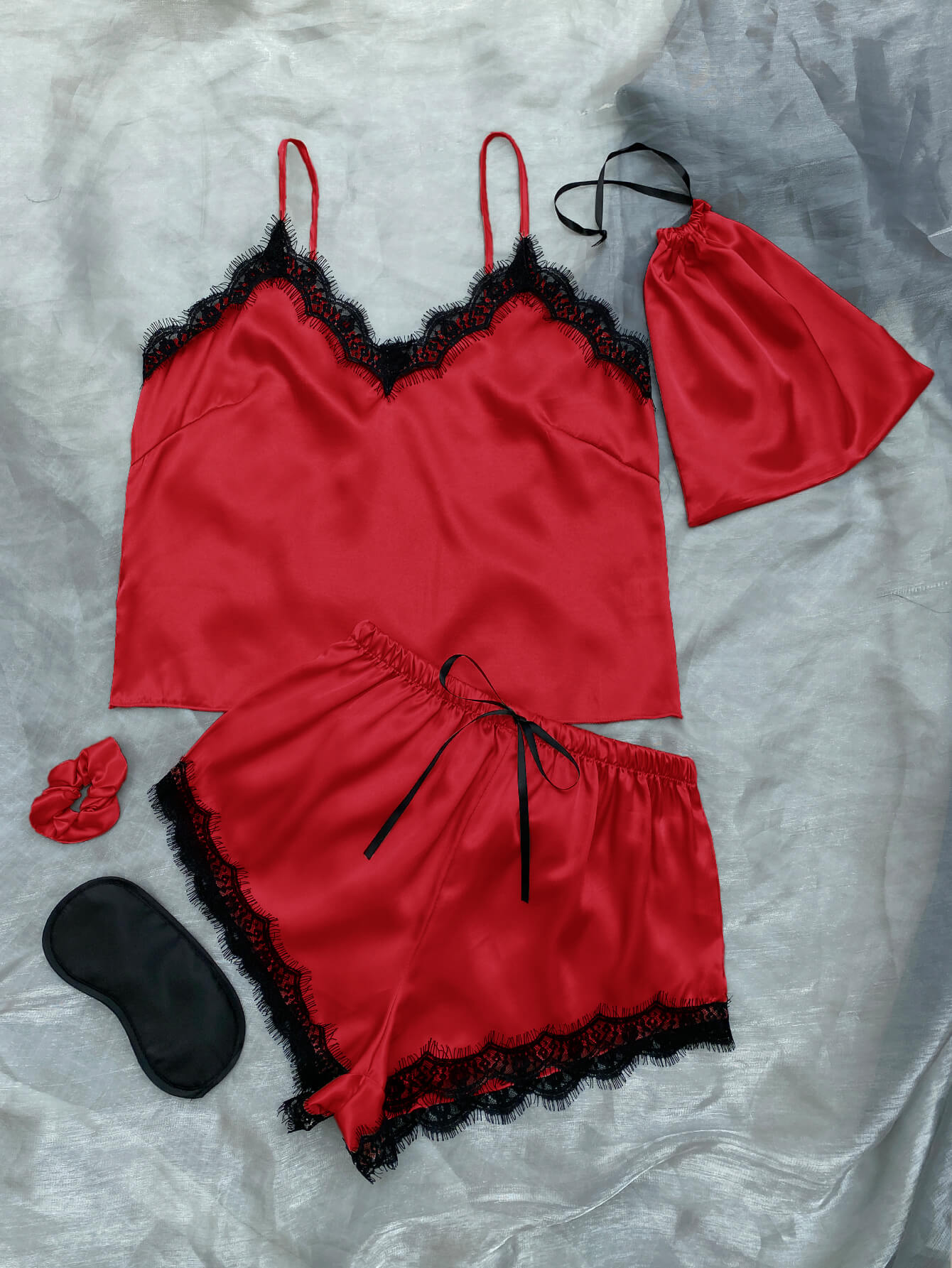 lace trim cami, shorts, eye mask, scrunchie, and bag pajama set