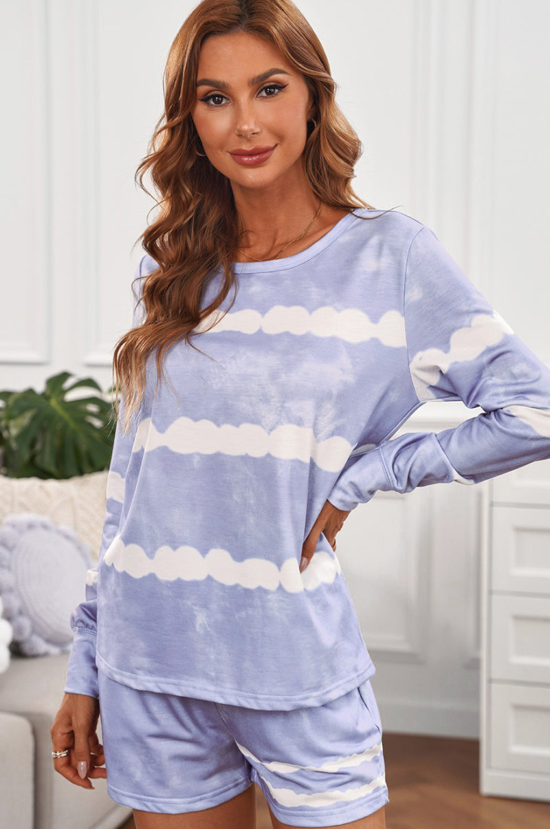 tie-dyed stripes long sleeve shorts lounge set