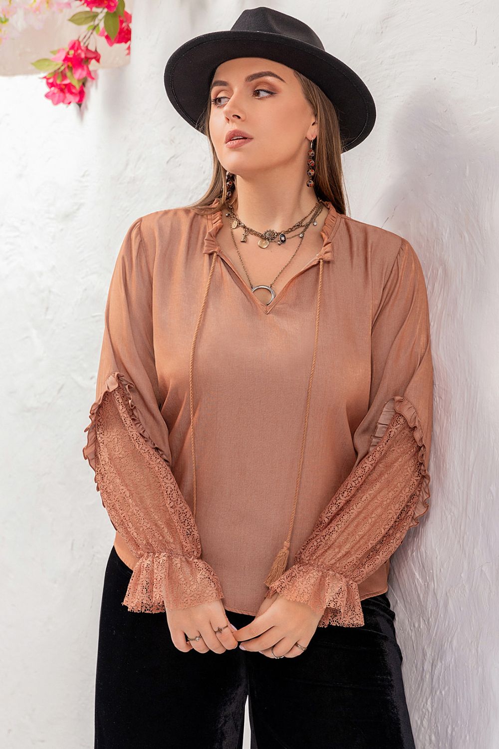 plus size tie neck flounce sleeve blouse