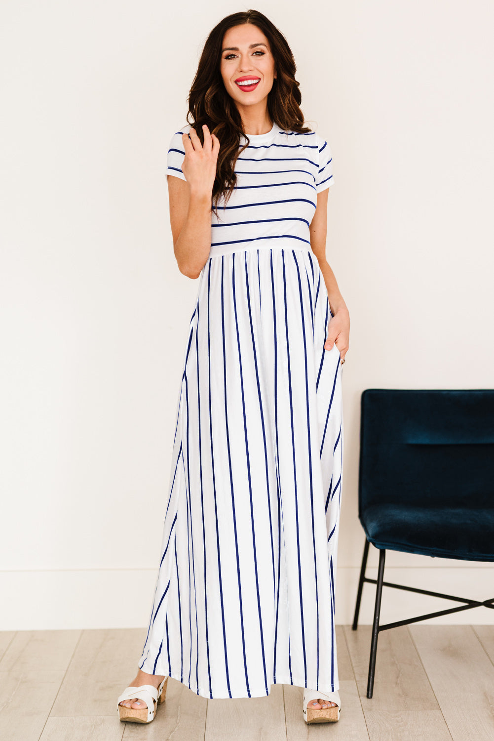 striped short sleeve crewneck maxi dress