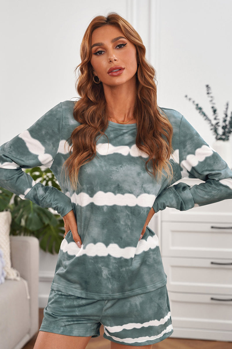 tie-dyed stripes long sleeve shorts lounge set