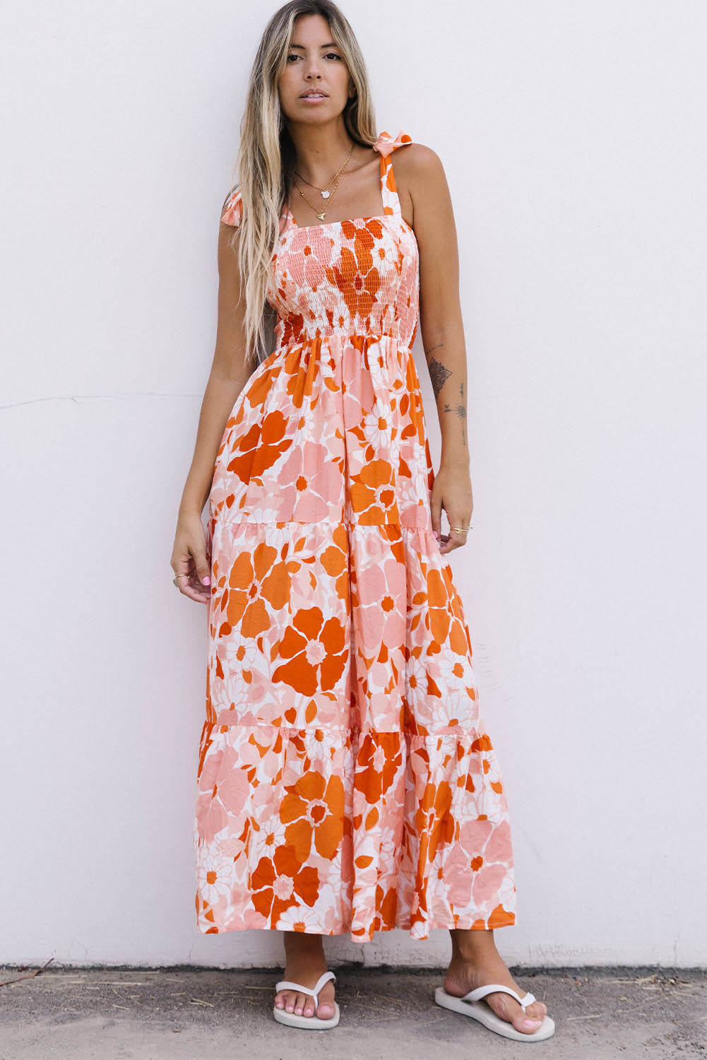 floral tie-shoulder smocked maxi dress