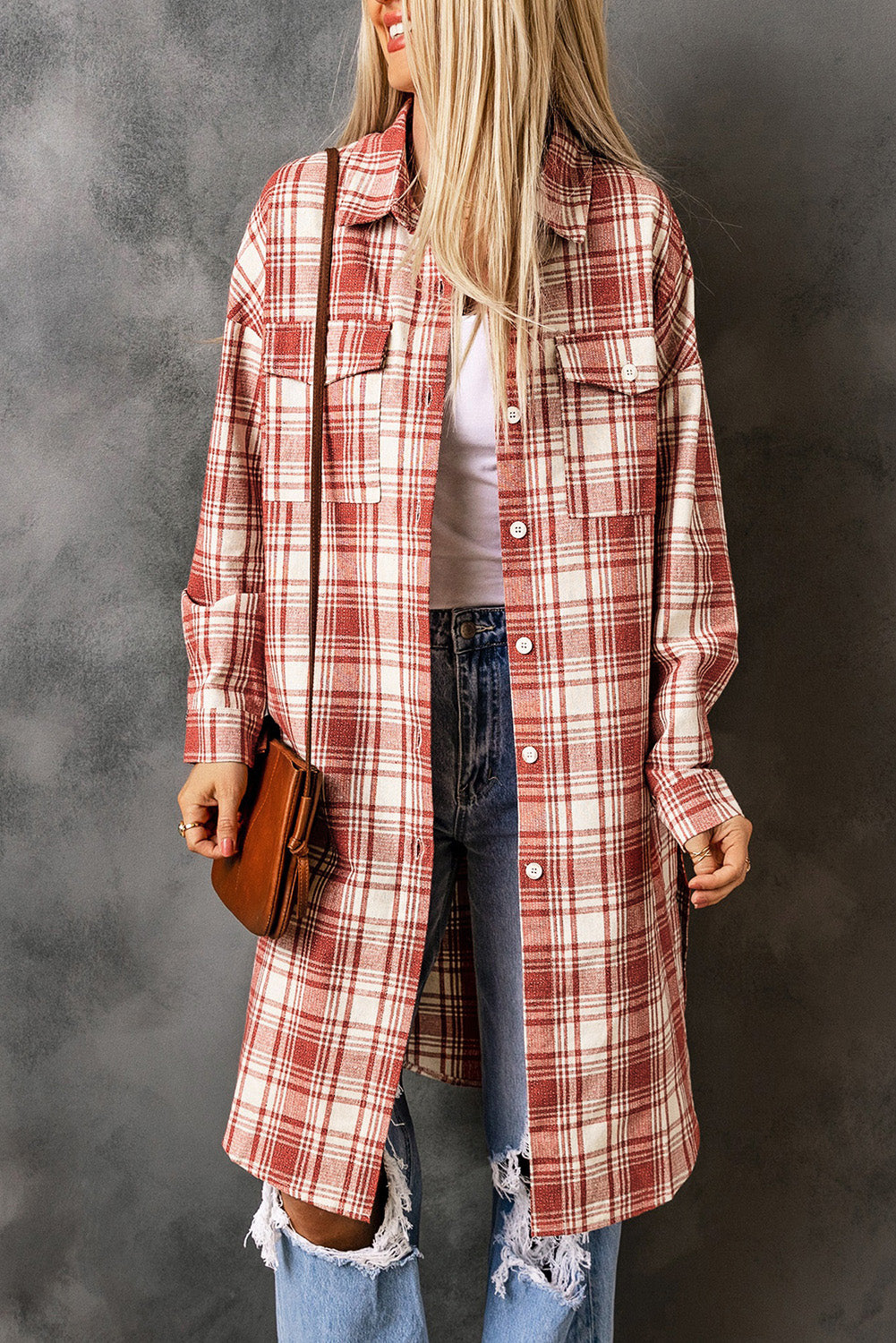 double take plaid button-up longline shacket with breast pockets