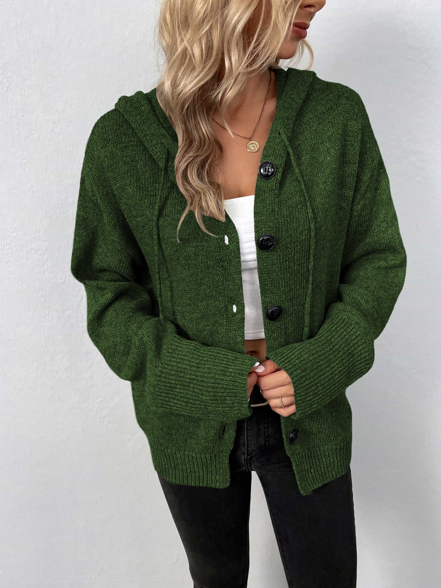 button-down long sleeve hooded sweater