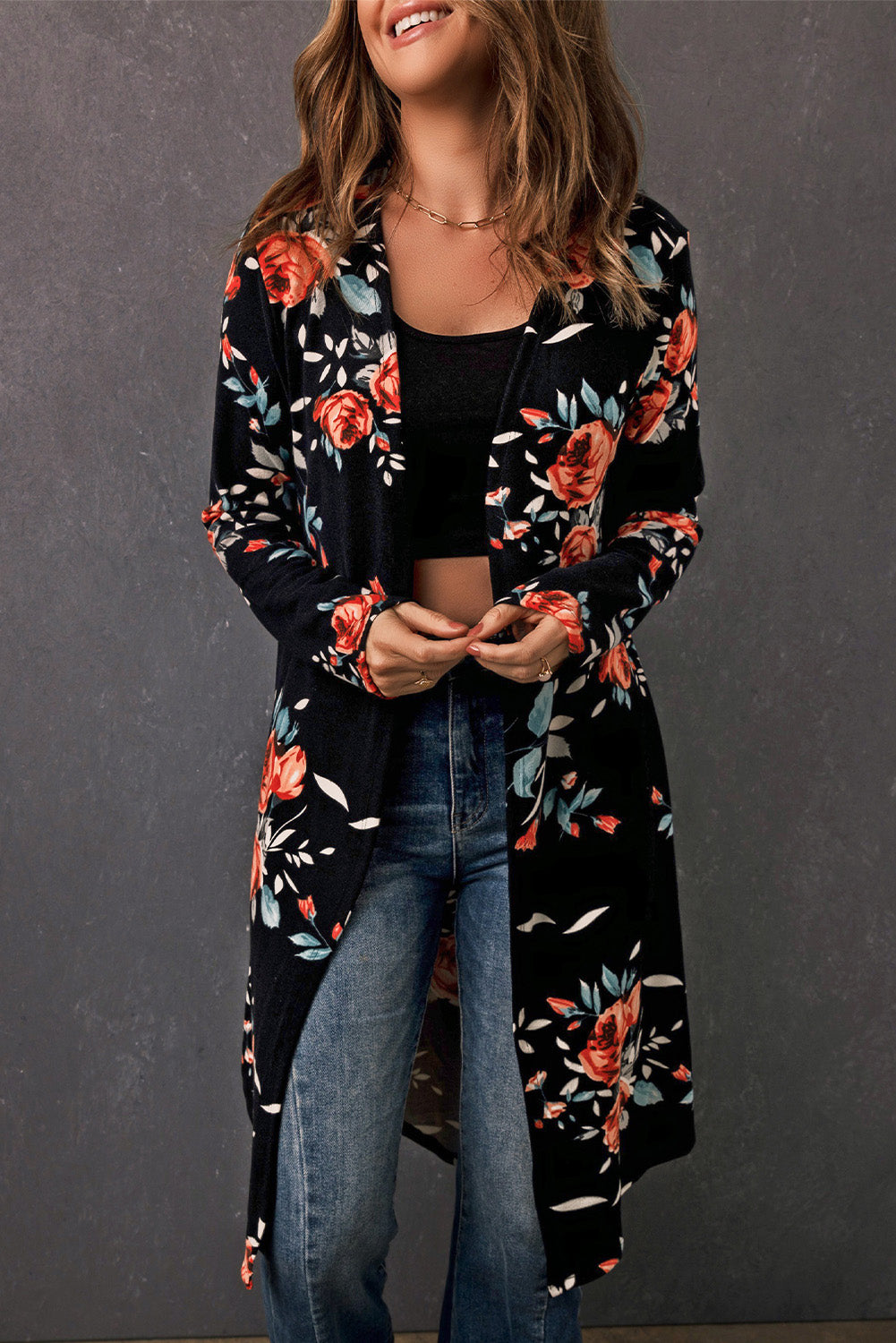 double take printed open front longline cardigan