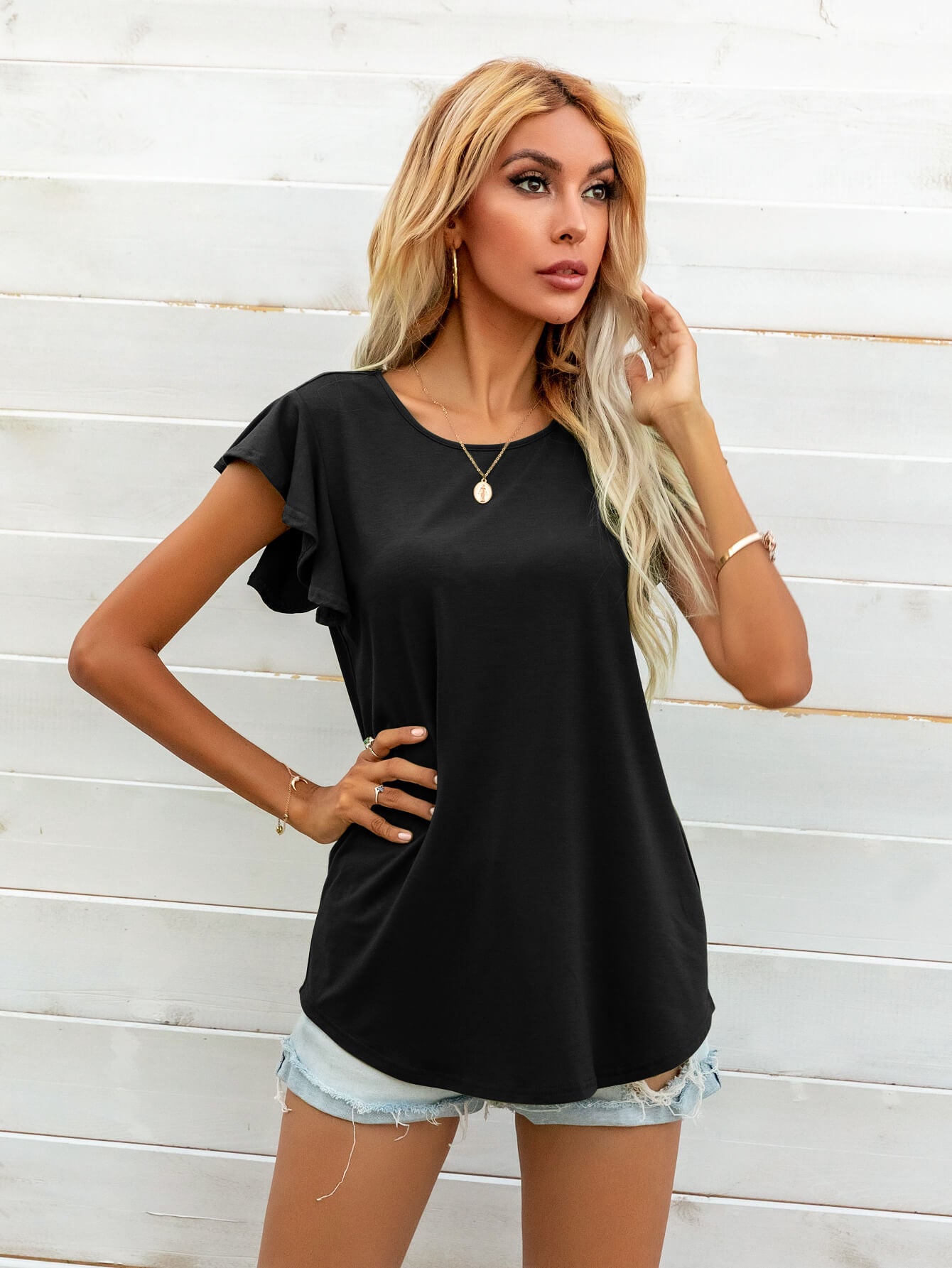 round neck butterfly sleeve top