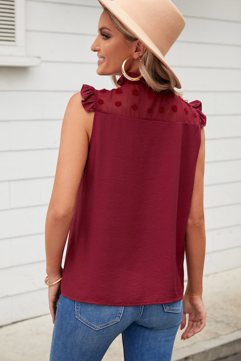 swiss dot buttoned ruffle trim tank